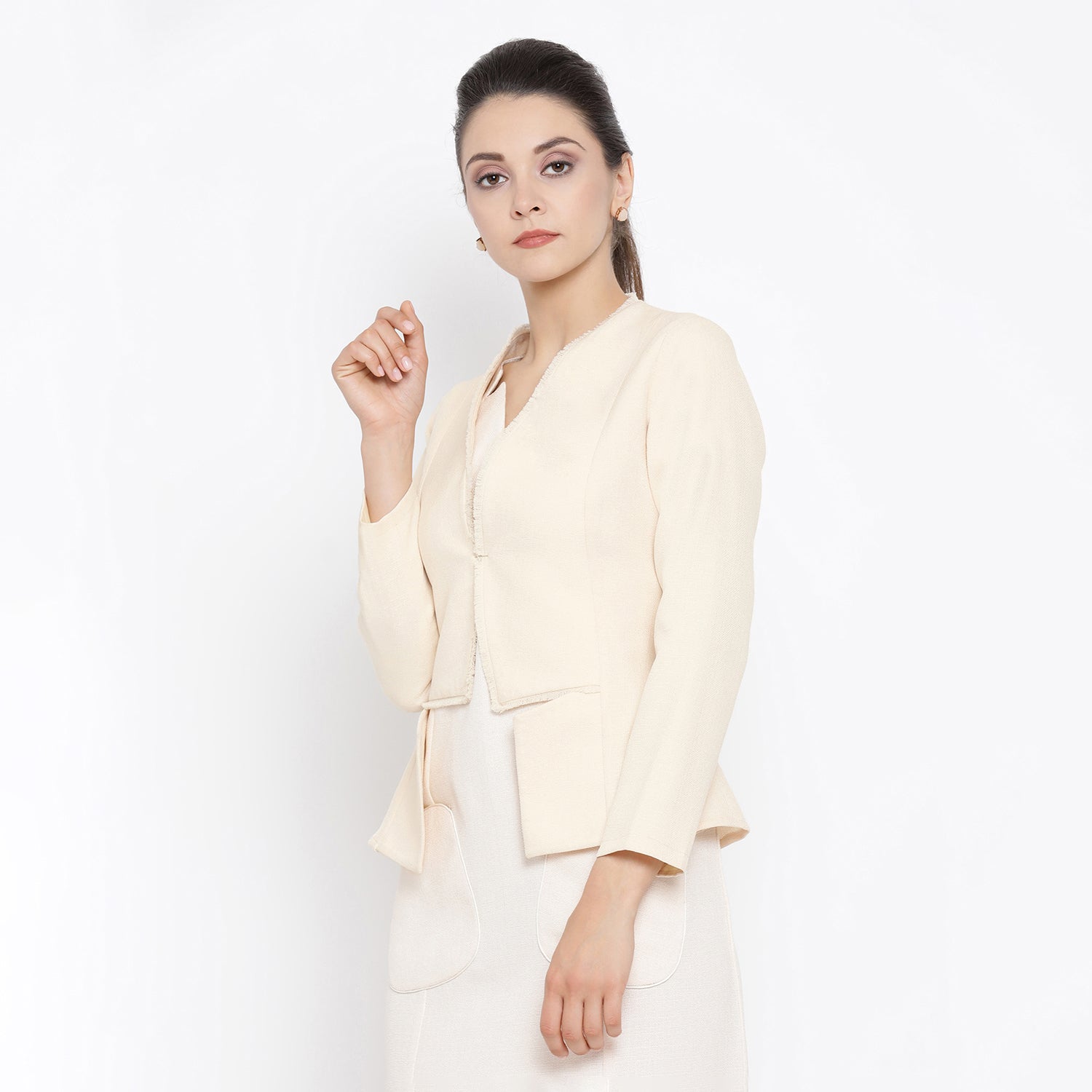 Off White Silk Linen Jacket for Women-4