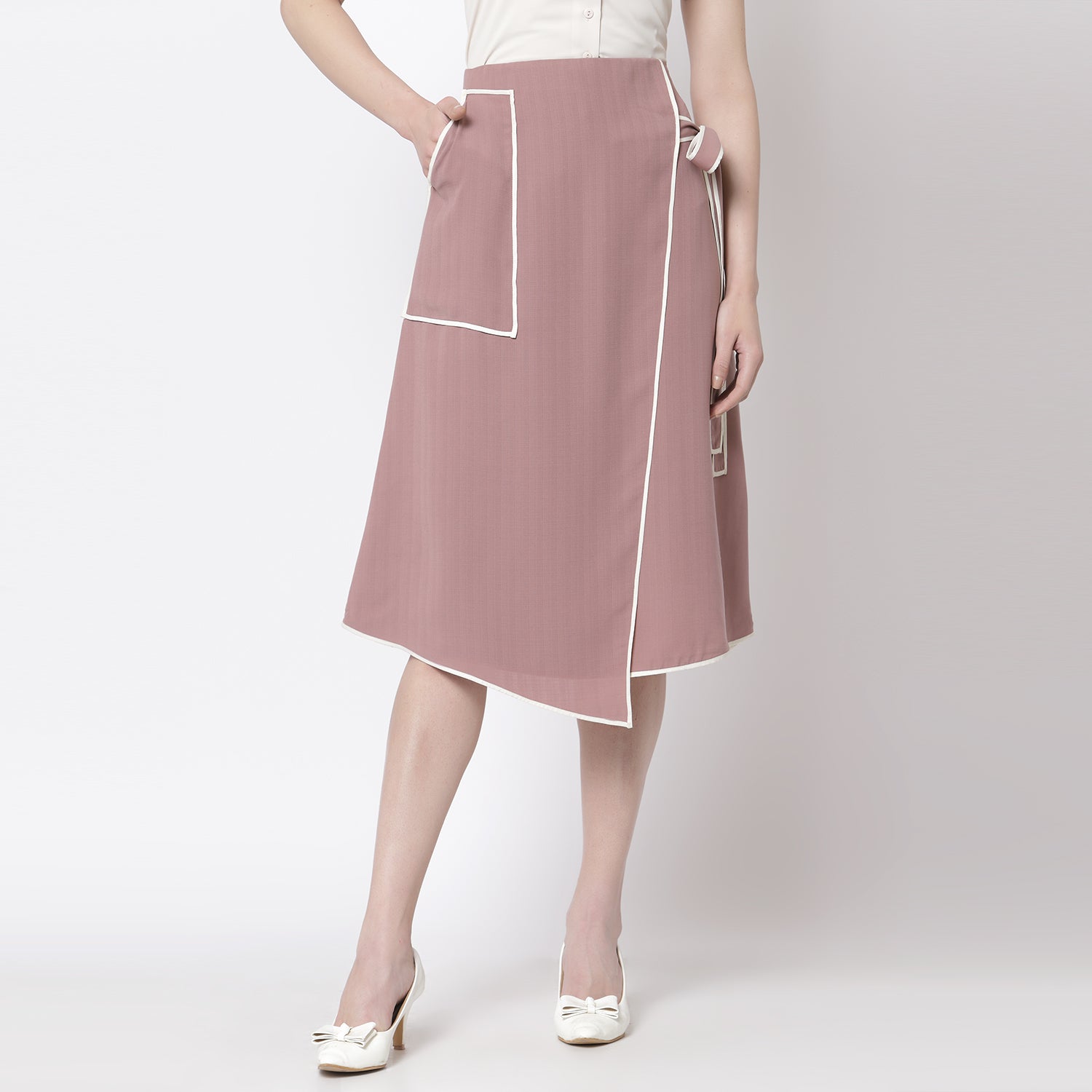 Pink Asymmetrical Skirt With Off White Piping