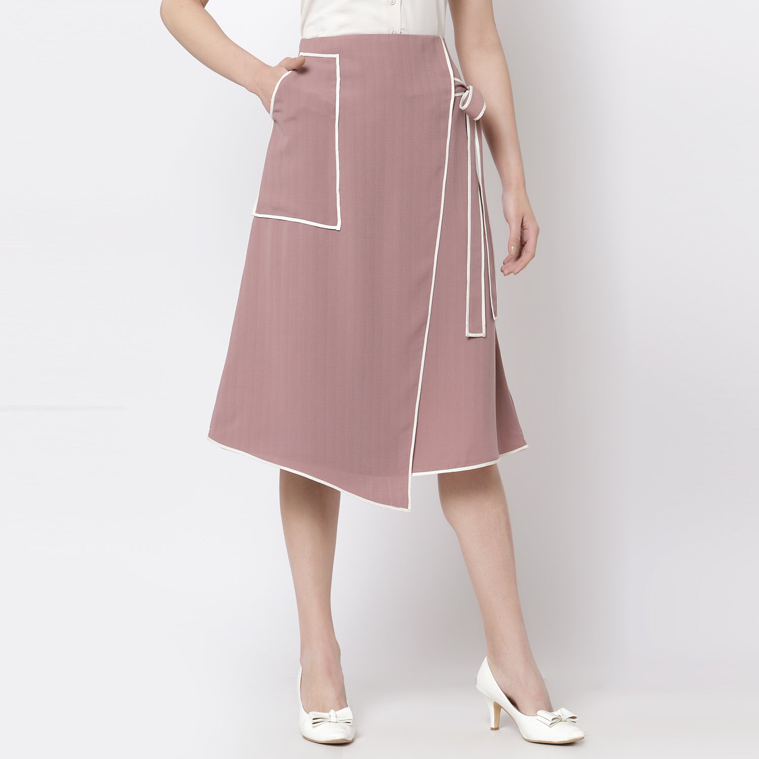 Pink Asymmetrical Skirt With Off White Piping