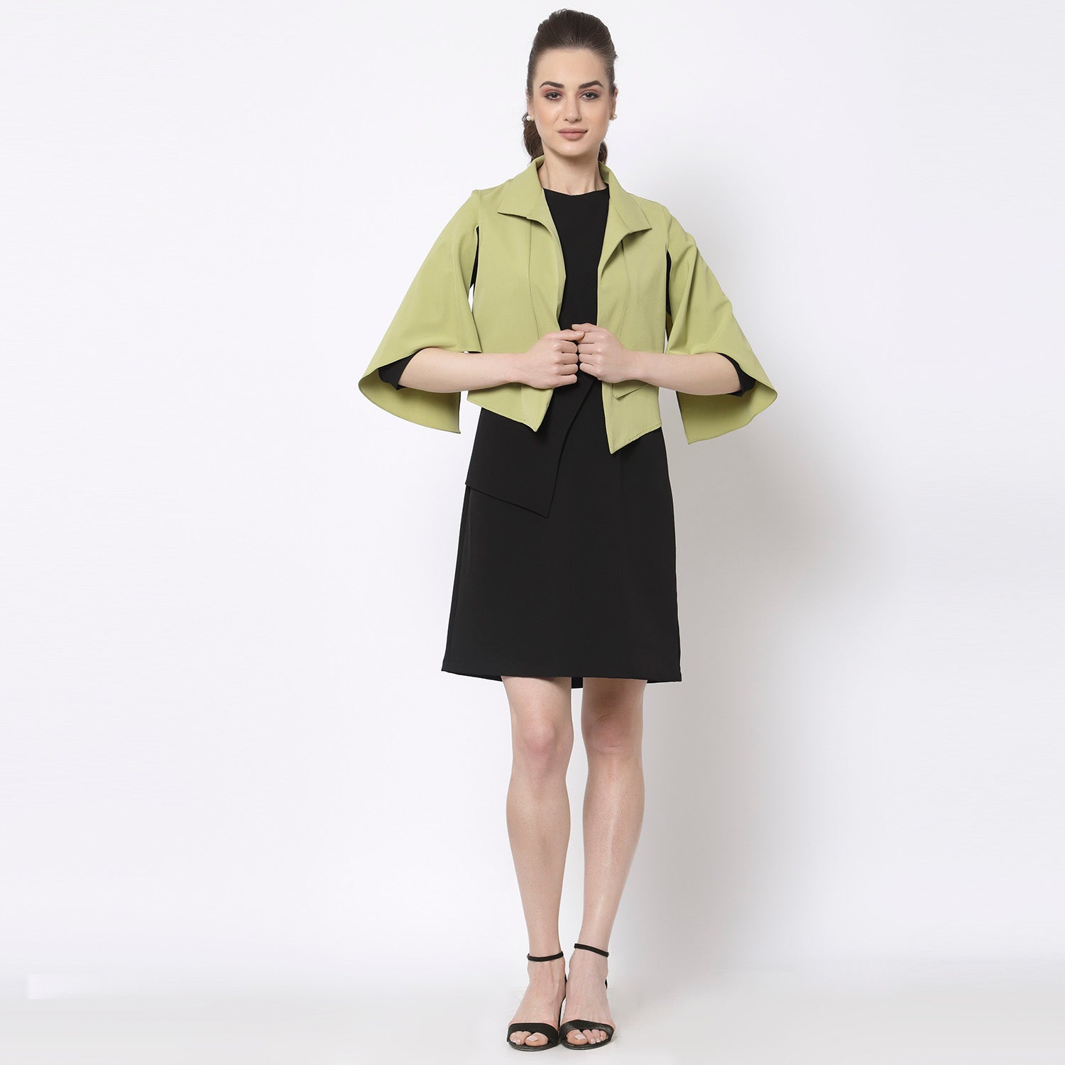Olive Layered Cape with Slits for Women-2