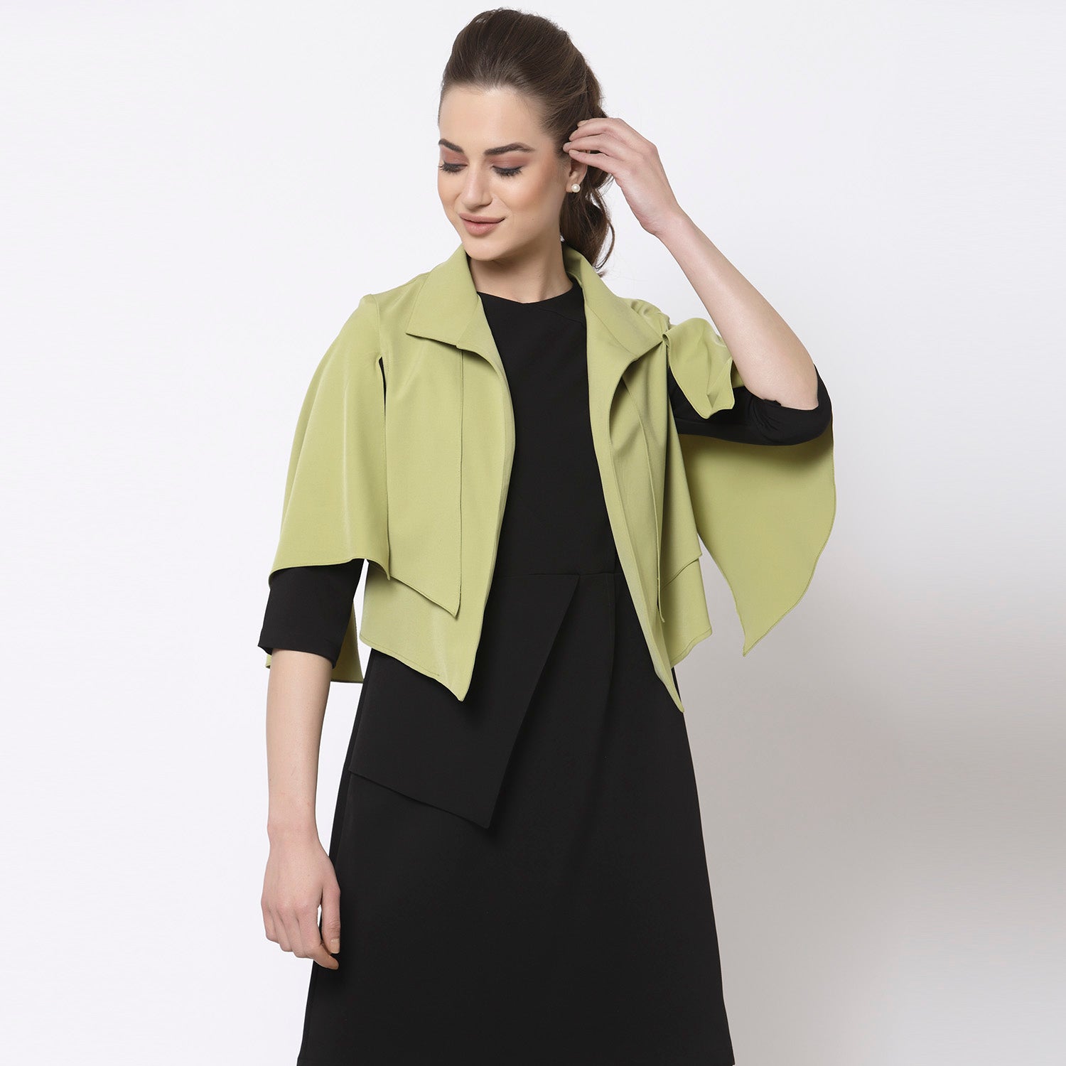 Olive Layered Cape with Slits for Women-3
