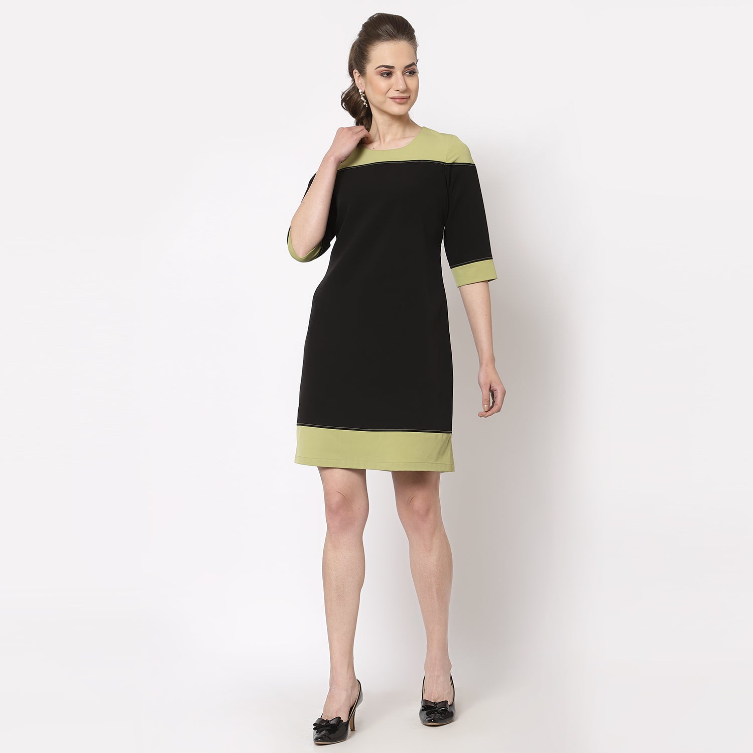 Black & Olive Top Stitch Work Wear Dresses