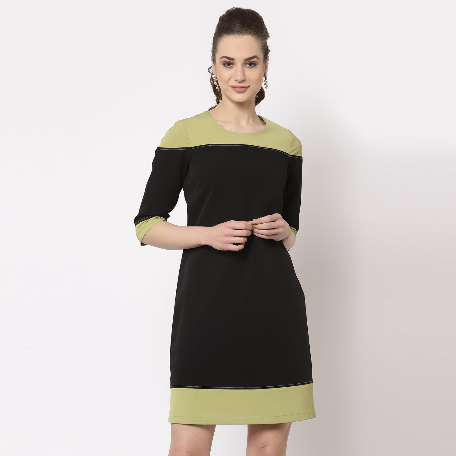 Black & Olive Top Stitch Work Wear Dresses-2