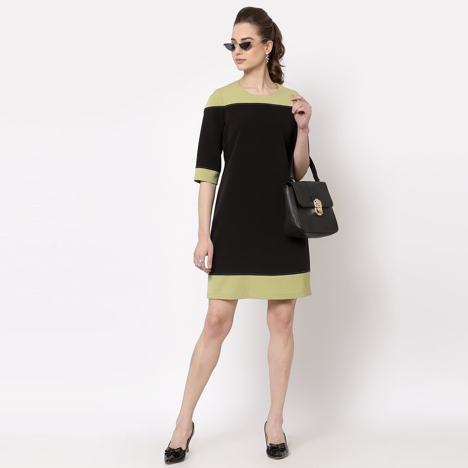 Black & Olive Top Stitch Work Wear Dresses-1