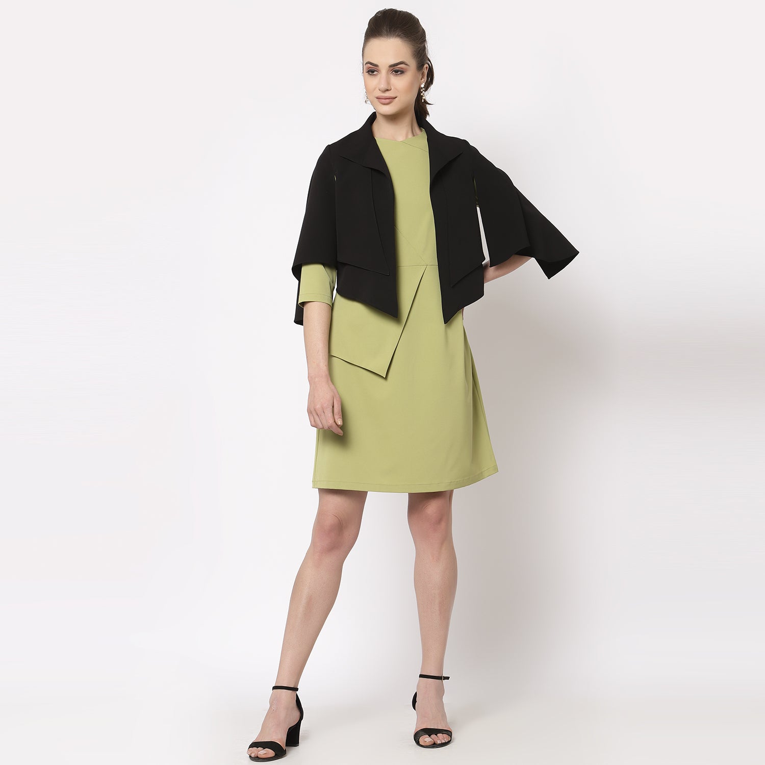 Black Layered Cape with Slits for Women-2