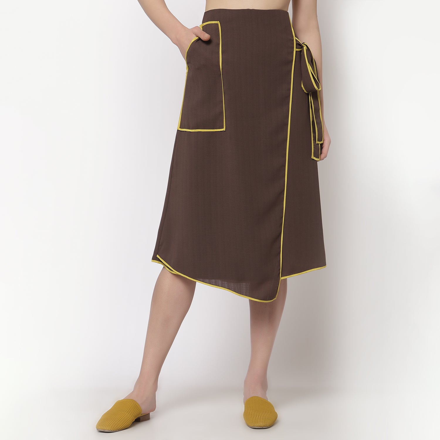 Brown Asymmetrical Skirt With Yellow Piping