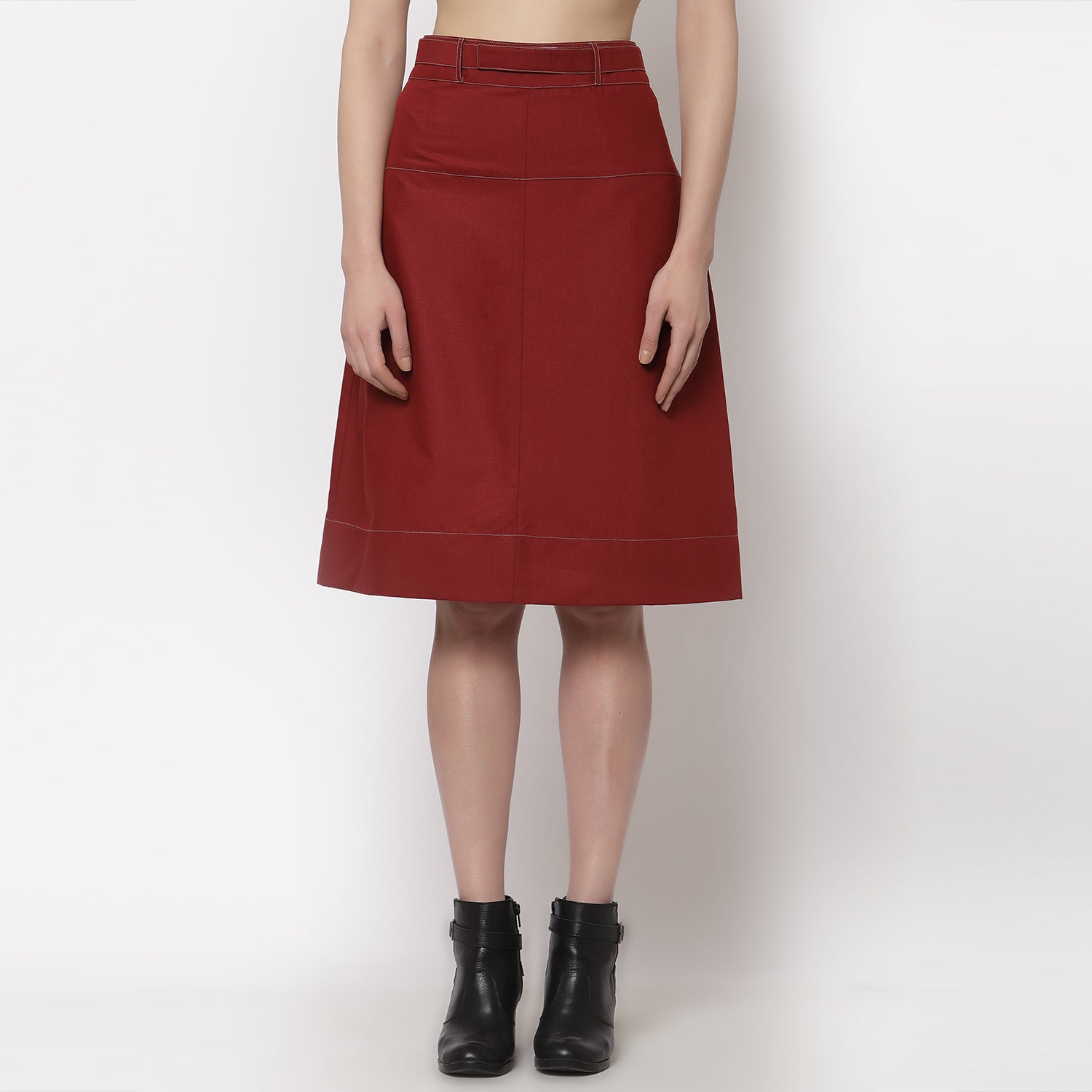 Red Skirt With Grey Top Stitch