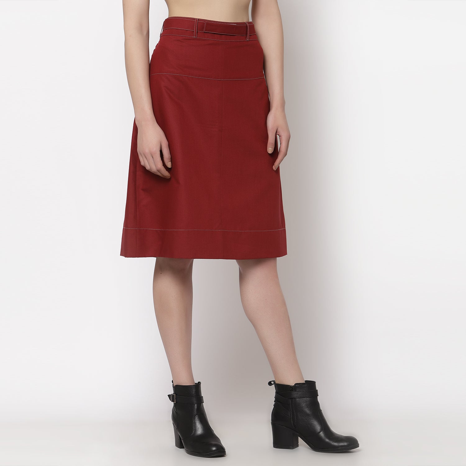 Red Skirt With Grey Top Stitch