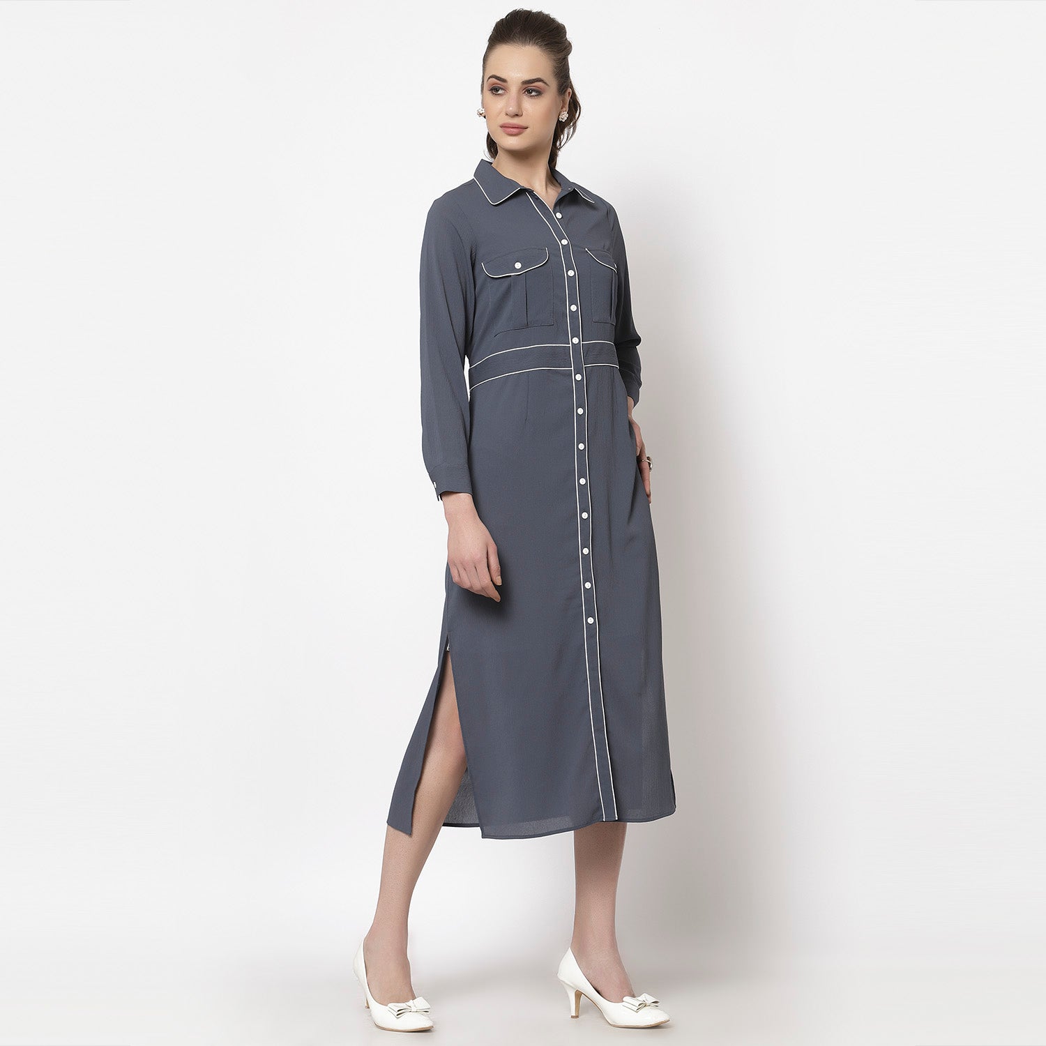 Blue Dress With White Piping & Inner