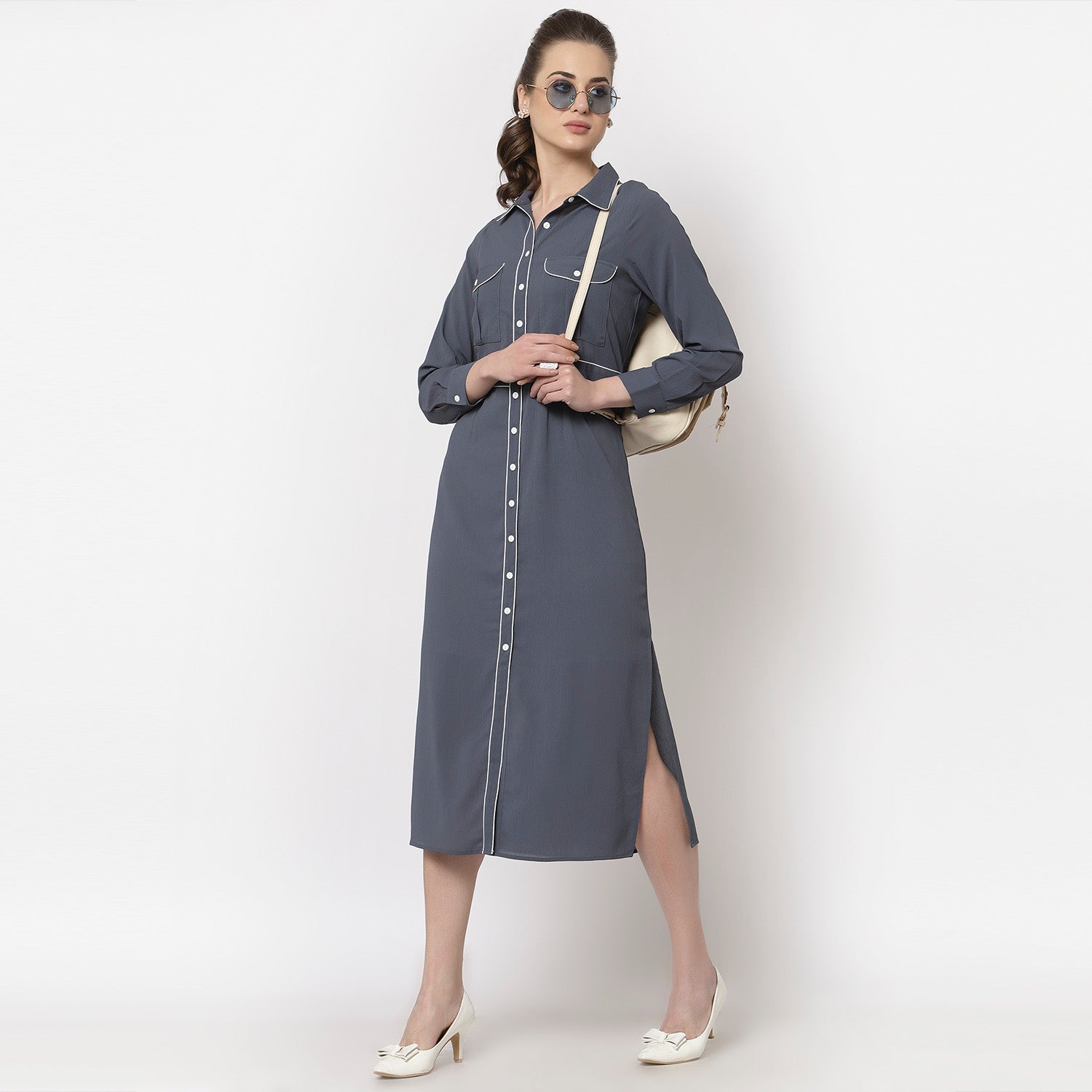 Blue Dress With White Piping & Inner