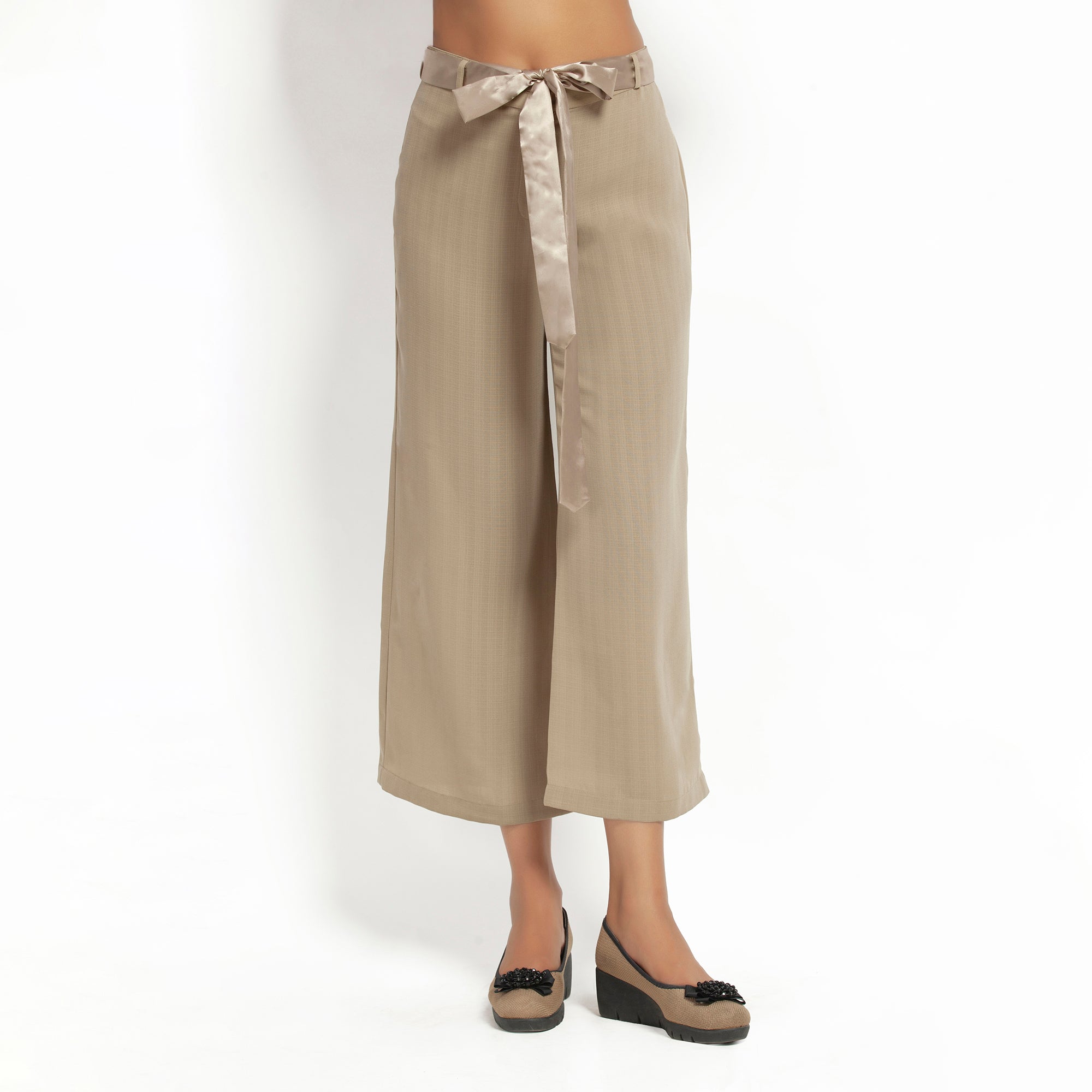 Beige Plazzo with Satin Belt for Women-2