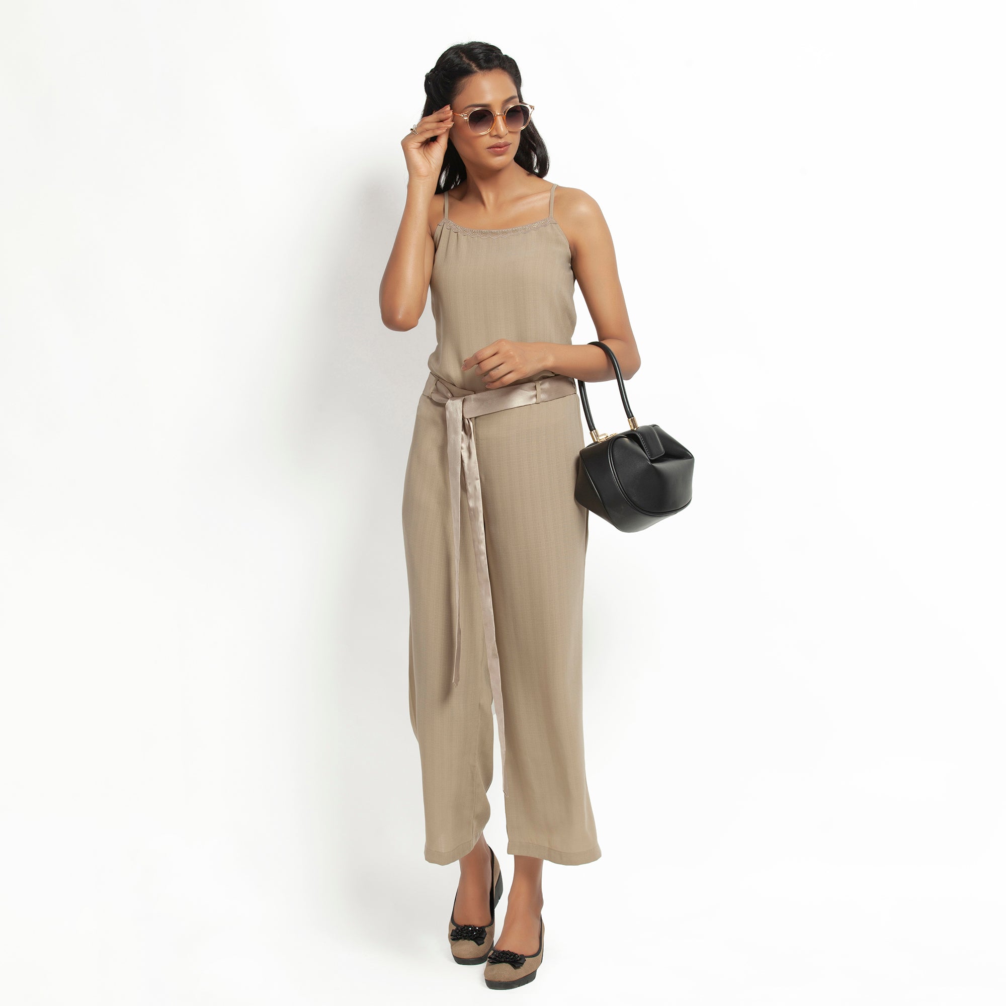 Beige Plazzo with Satin Belt for Women-3