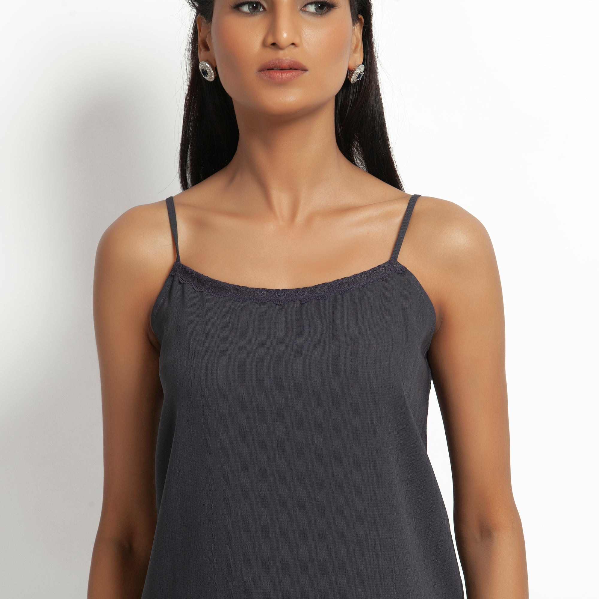 Dark Grey spaghetti Top With Lace