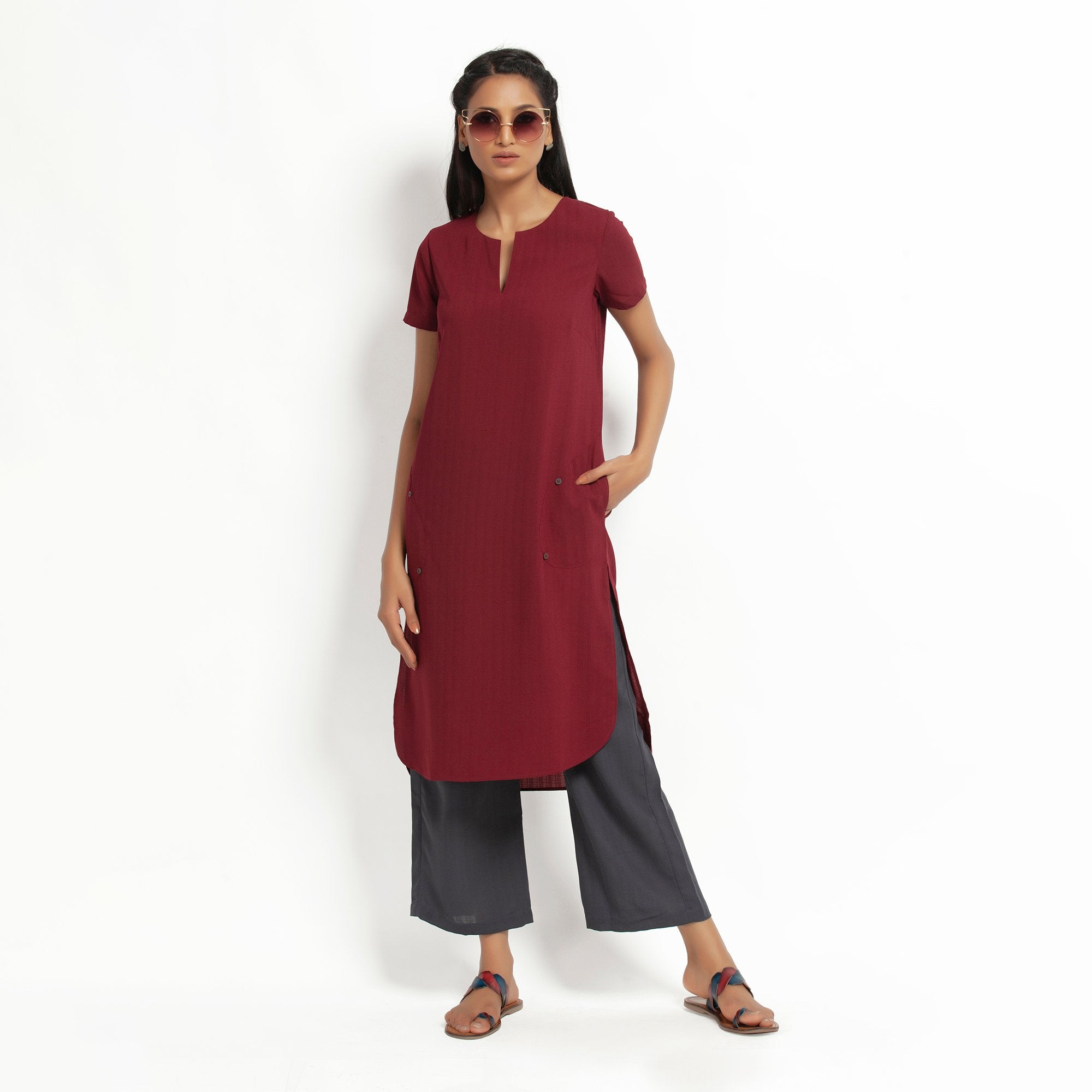 Maroon Kurta With Pocket,