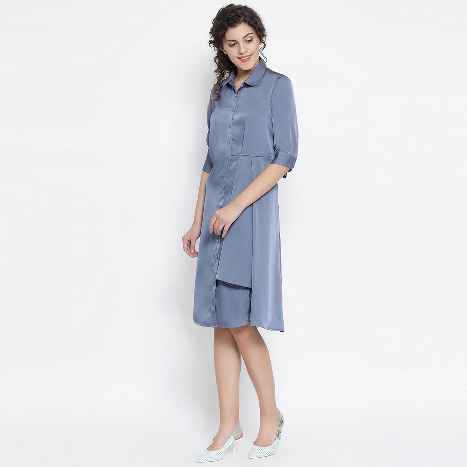 Teal Blue Satin Drape Dress With Grey Flower Bunch Broach