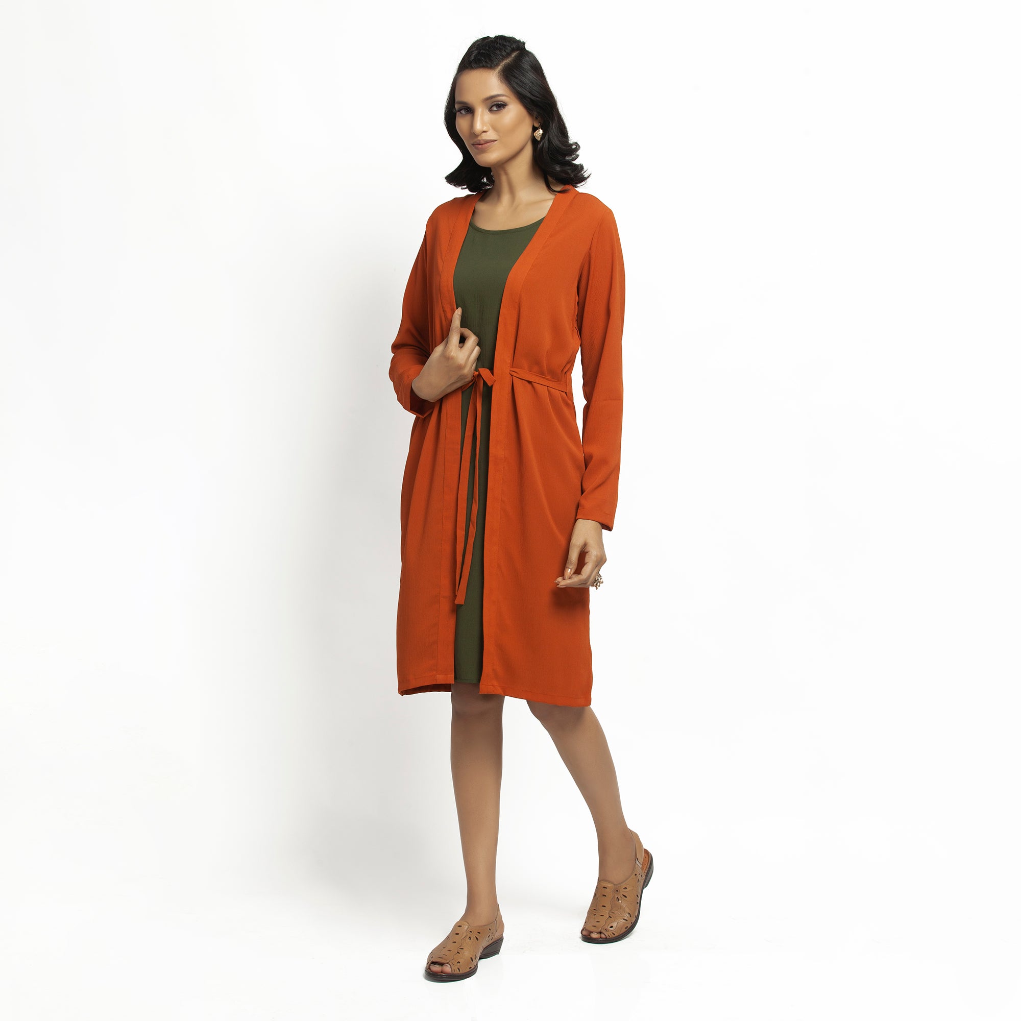 Orange Crepe Jacket with Tie Knot for Women-1