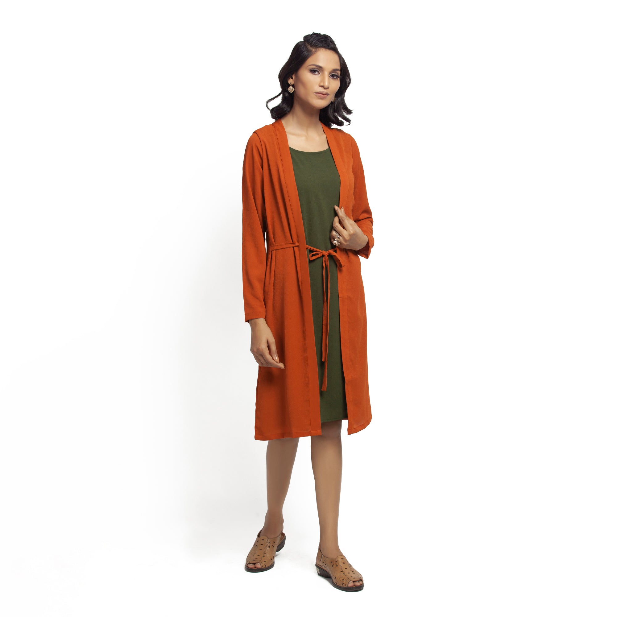 Orange Crepe Jacket with Tie Knot for Women-2