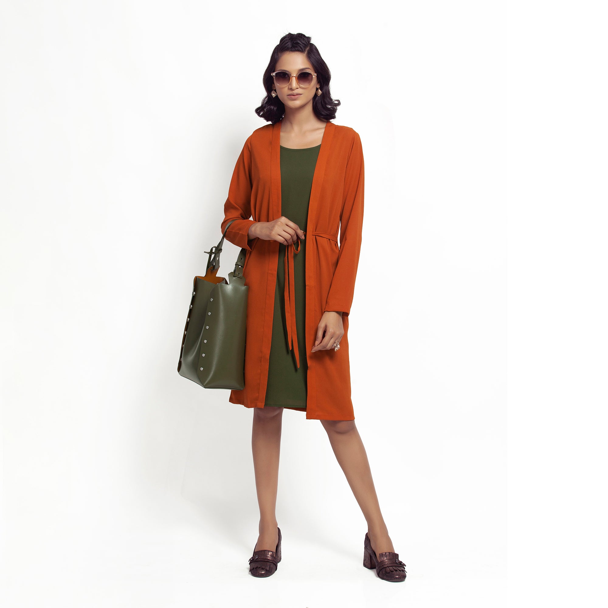 Orange Crepe Jacket with Tie Knot for Women