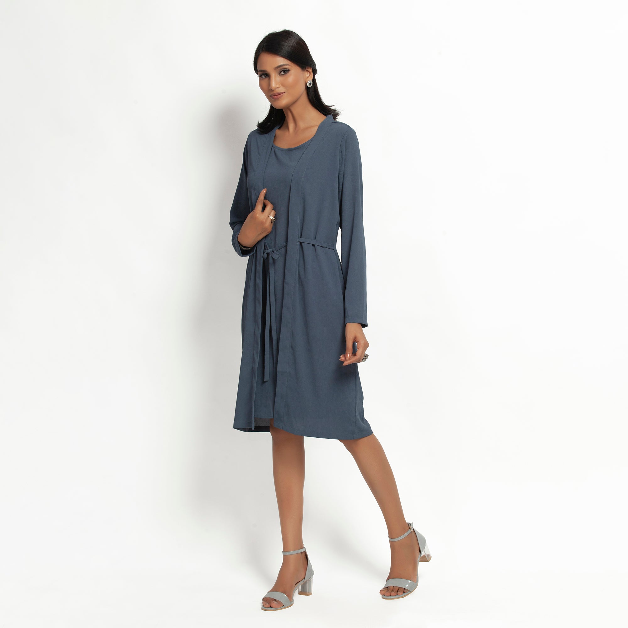 Stone Blue Crepe Jacket with Tie Knot for Women-2