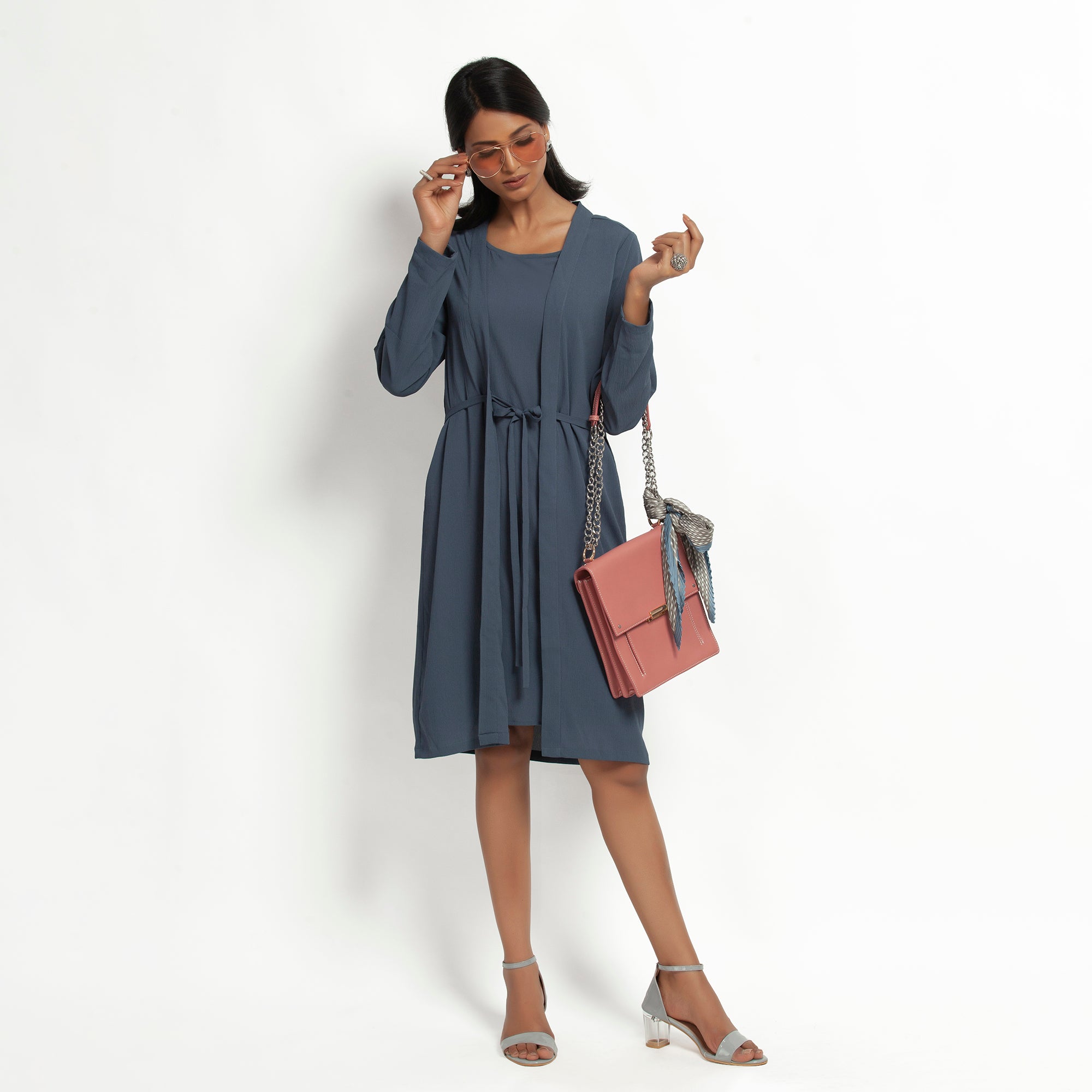 Stone Blue Crepe Jacket with Tie Knot for Women-1