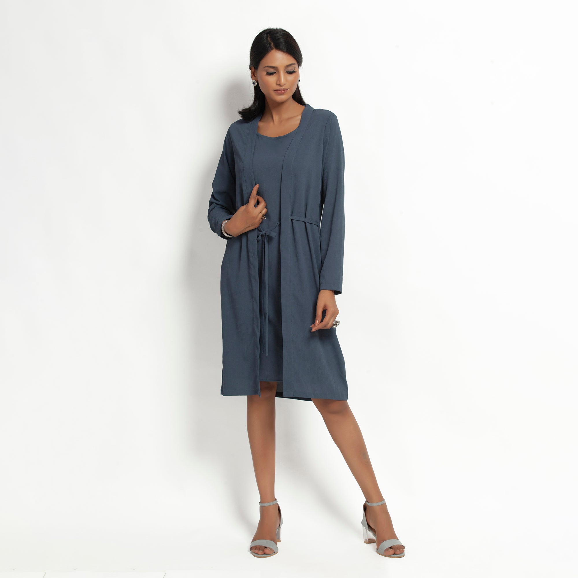 Stone Blue Crepe Jacket with Tie Knot for Women-1