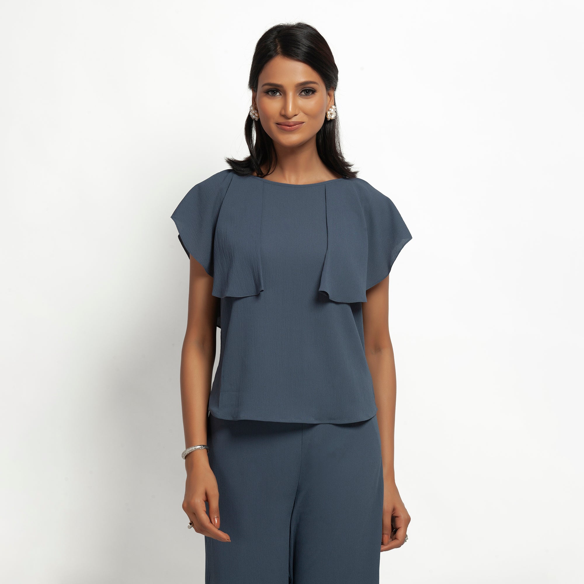 Buy Stone Blue Crepe Tops for Office Wear