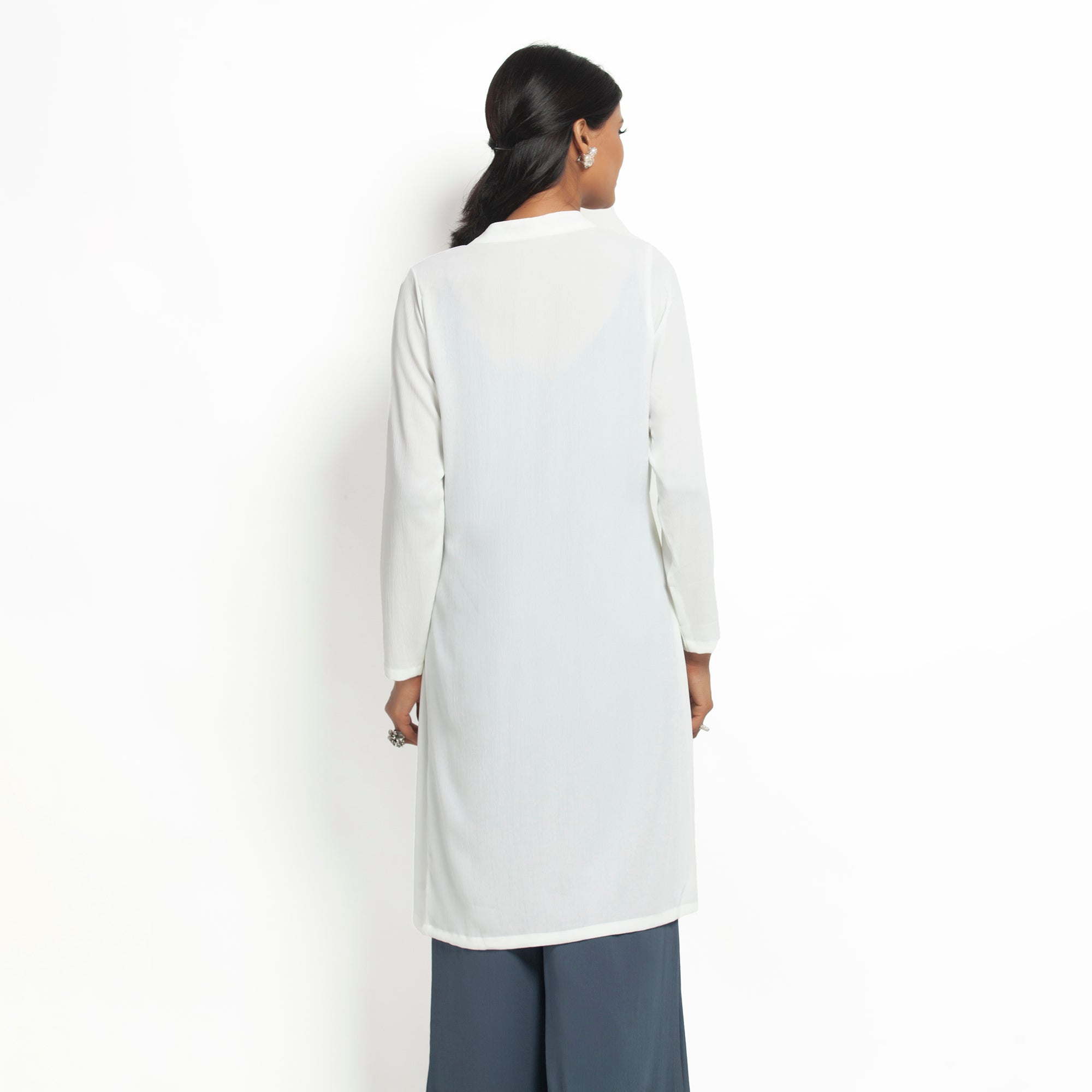 White Crepe Jacket with Tie Knot for Women-1