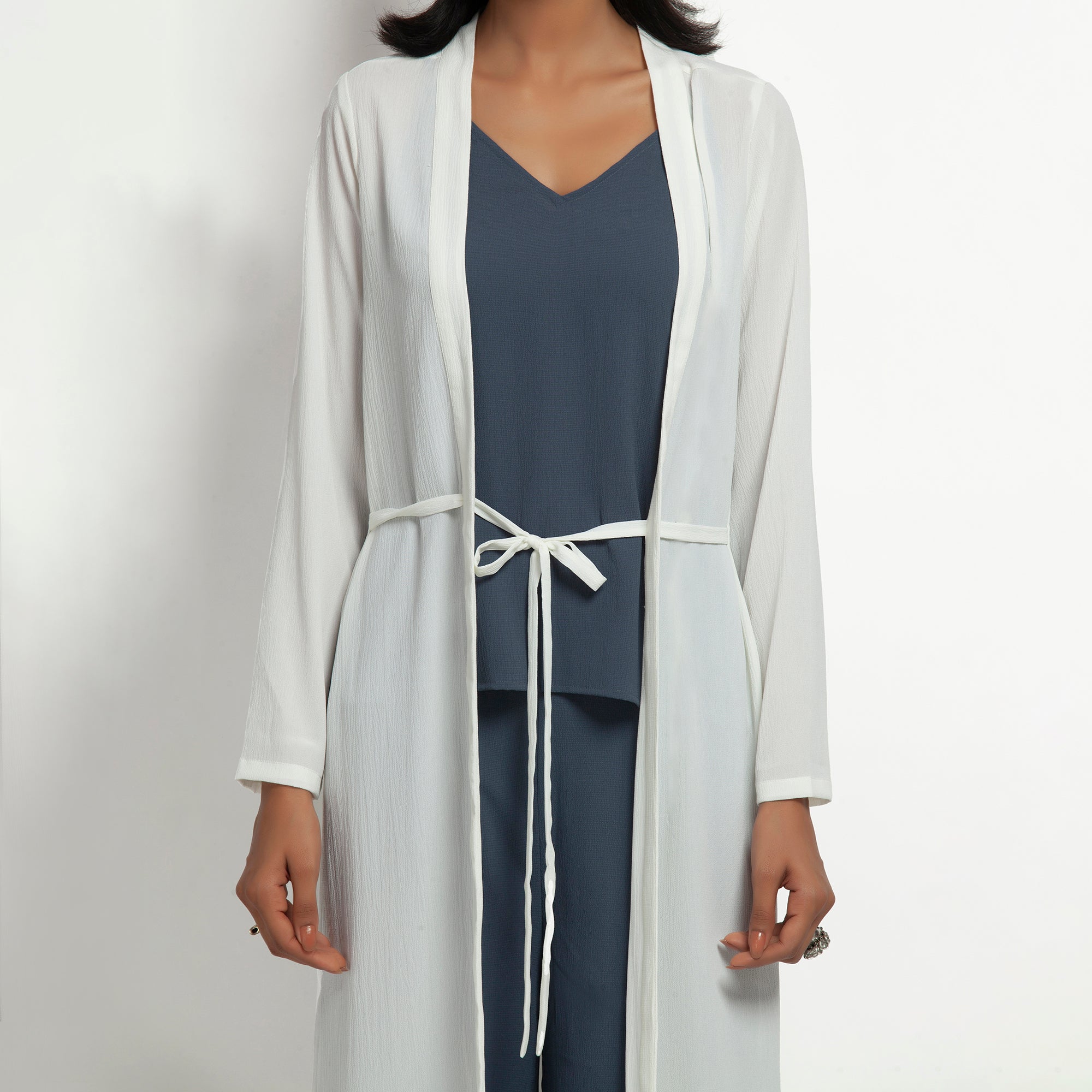 White Crepe Jacket with Tie Knot for Women-4