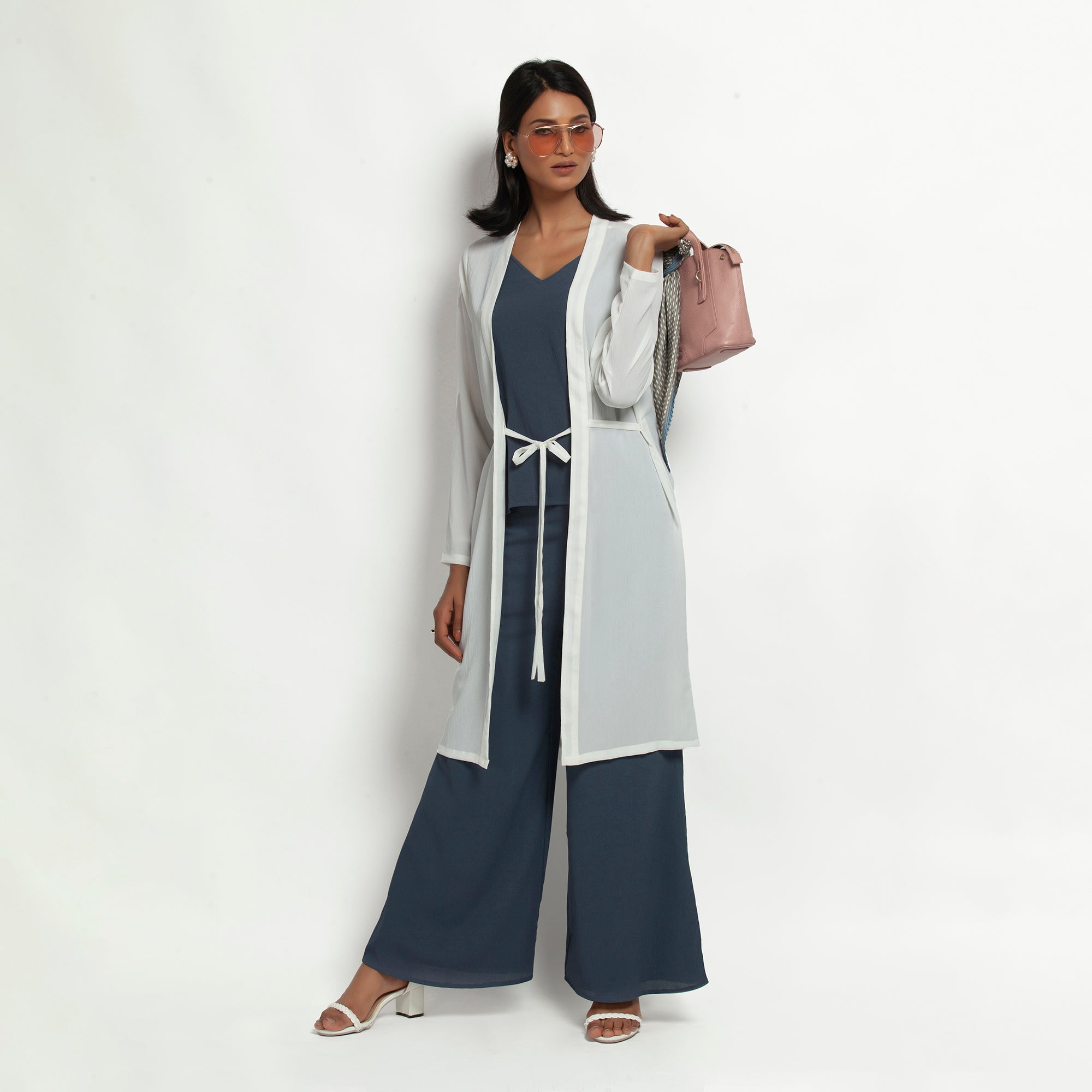 White Crepe Jacket with Tie Knot for Women