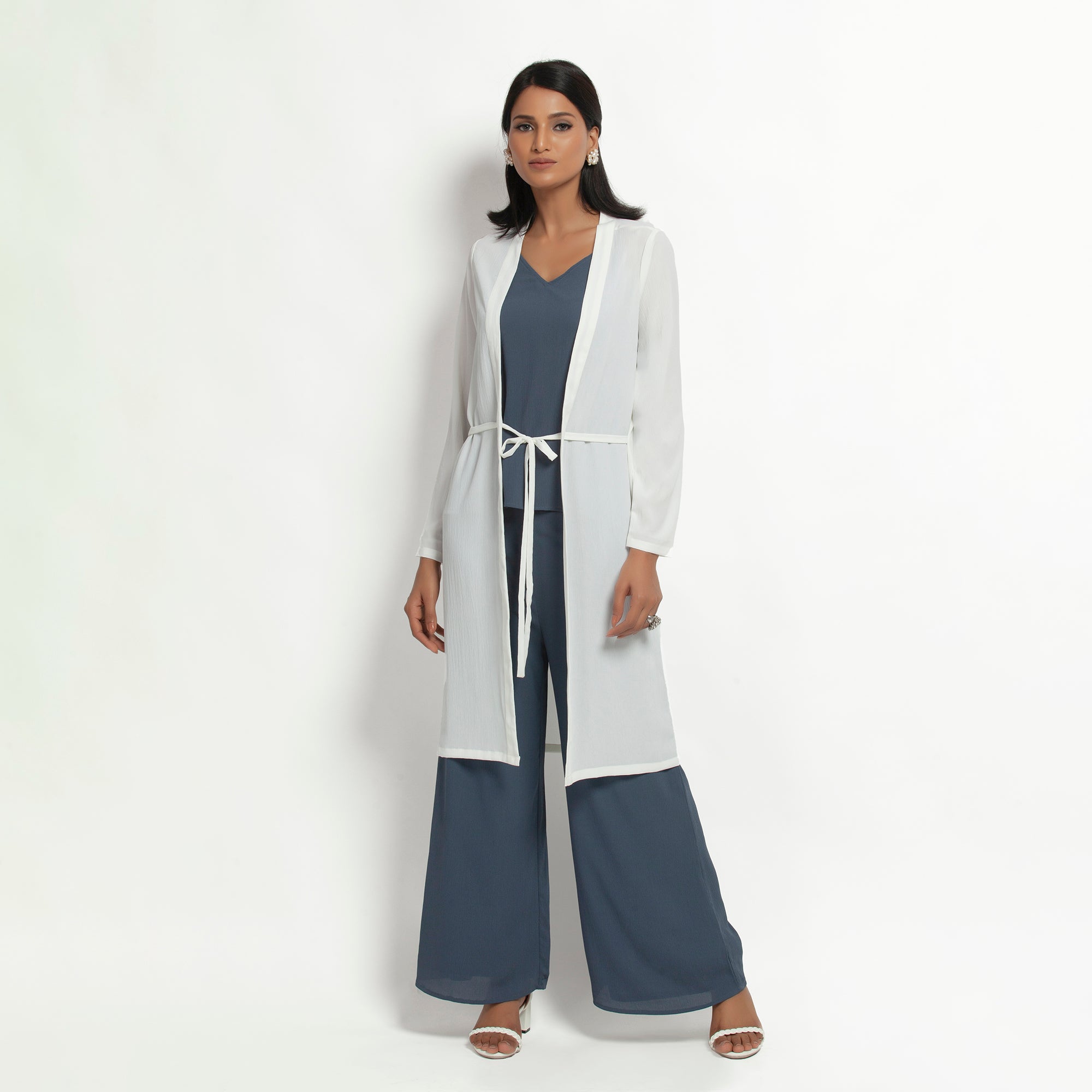 White Crepe Jacket with Tie Knot for Women-2