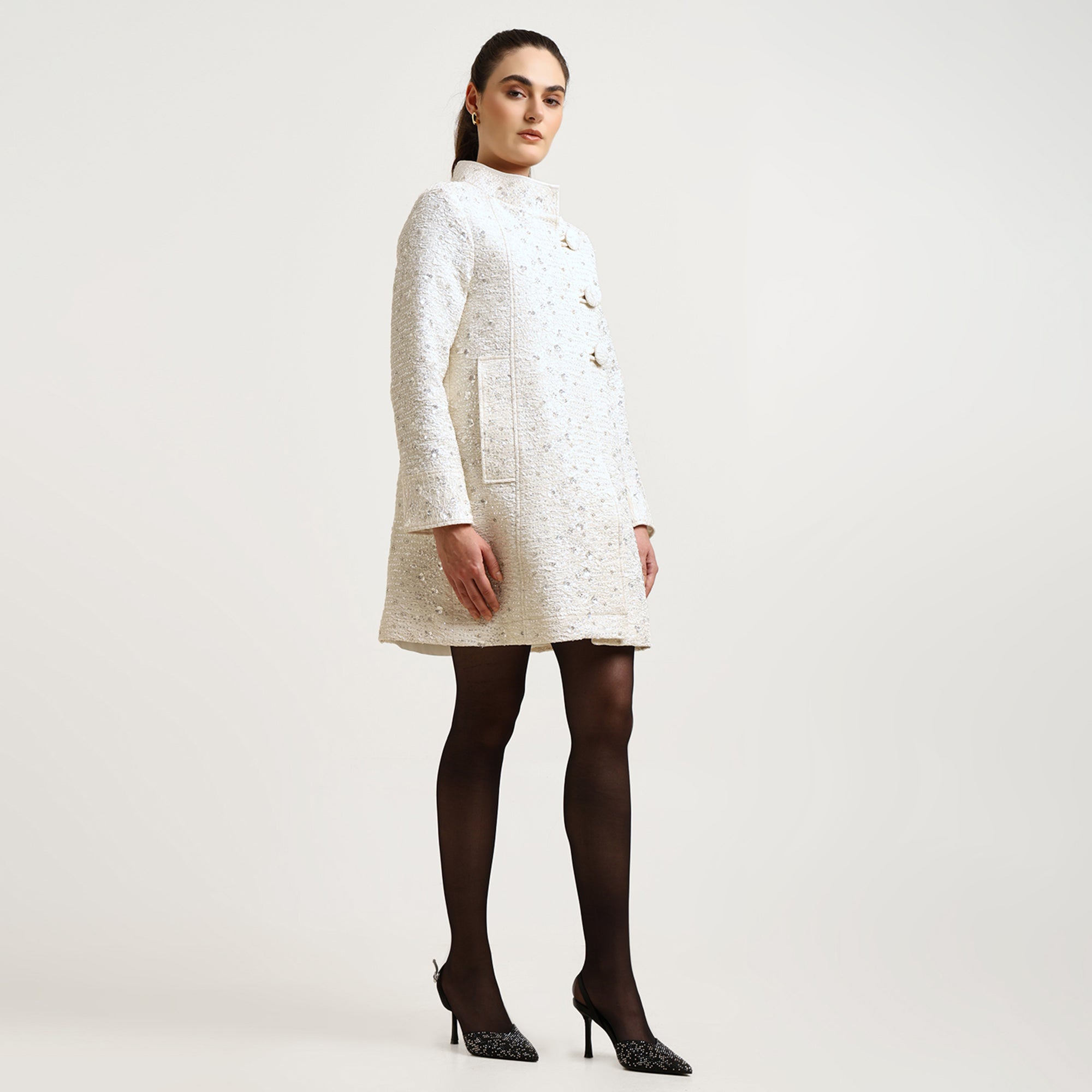 Off White Textured Sequence Over Coat