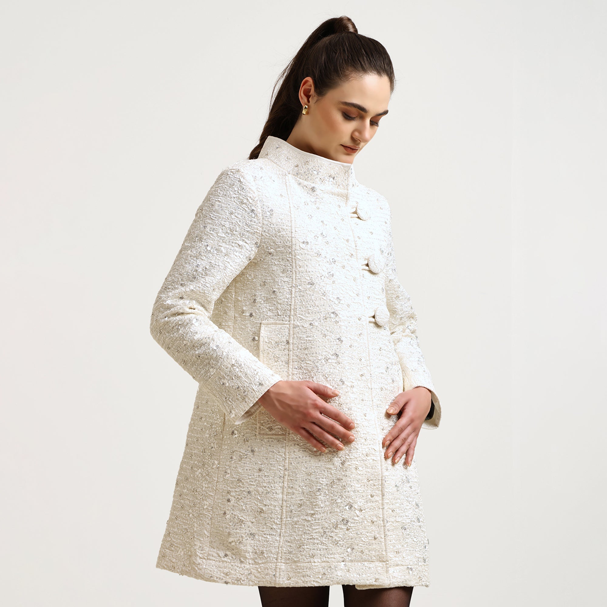 Off White Textured Sequence Over Coat