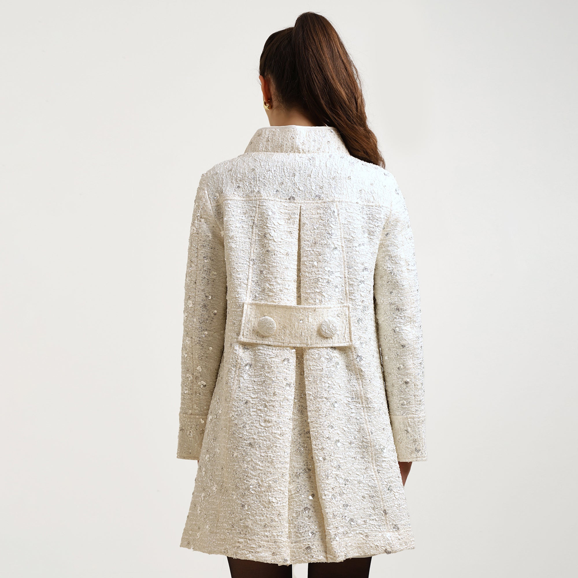 Off White Textured Sequence Over Coat