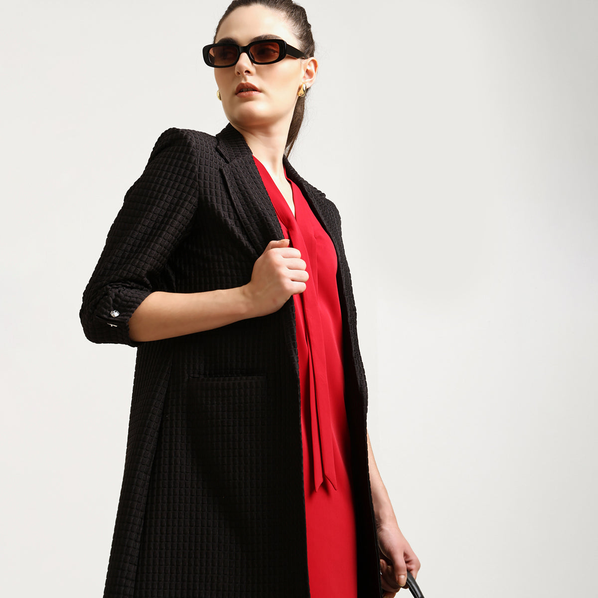 Black Textured Over Coat With Cufflinks