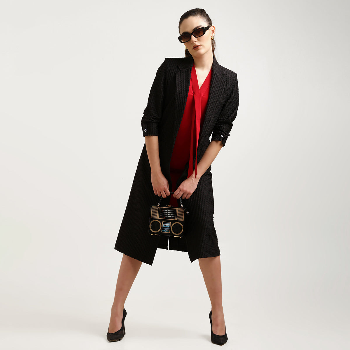 Black Textured Over Coat With Cufflinks