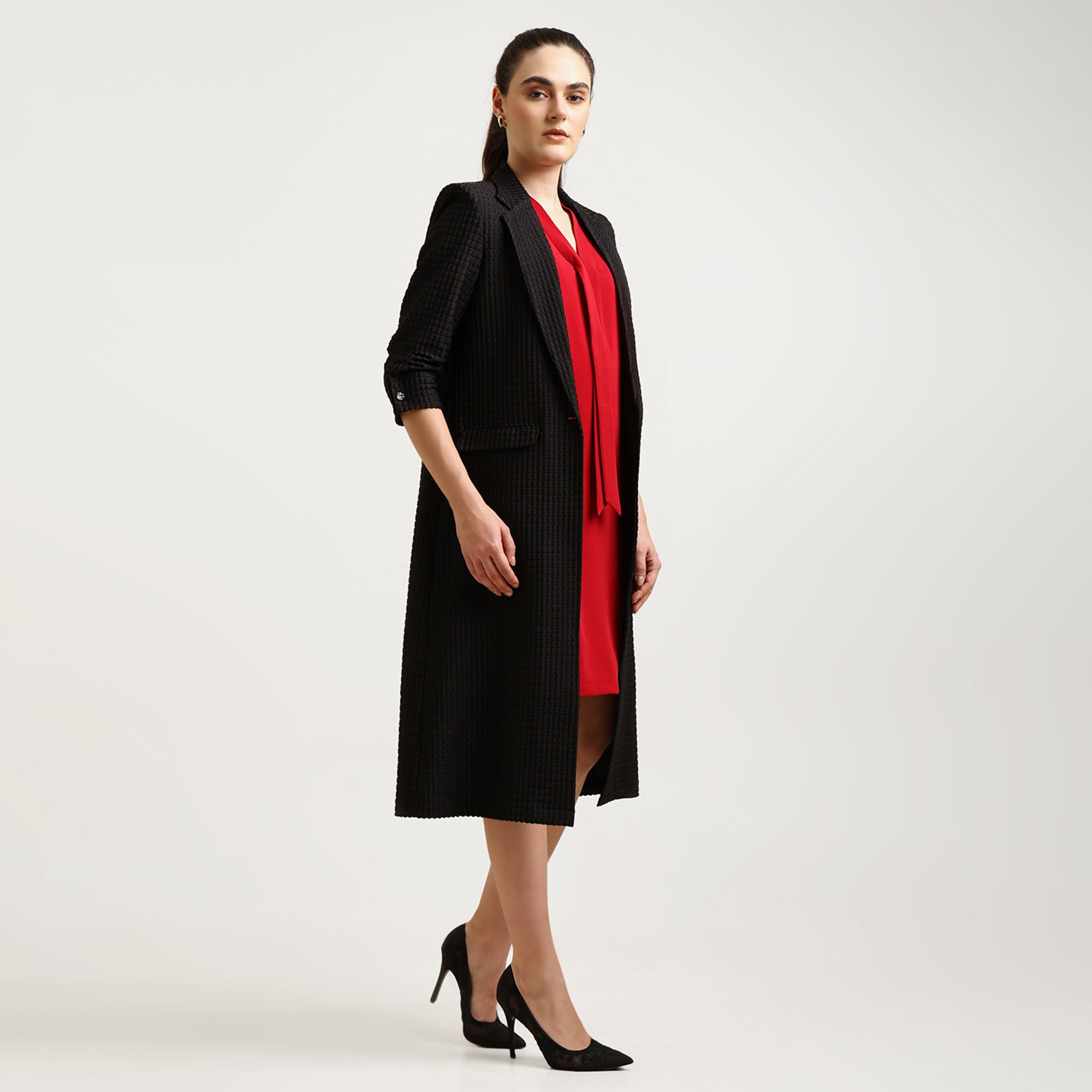 Black Textured Over Coat With Cufflinks