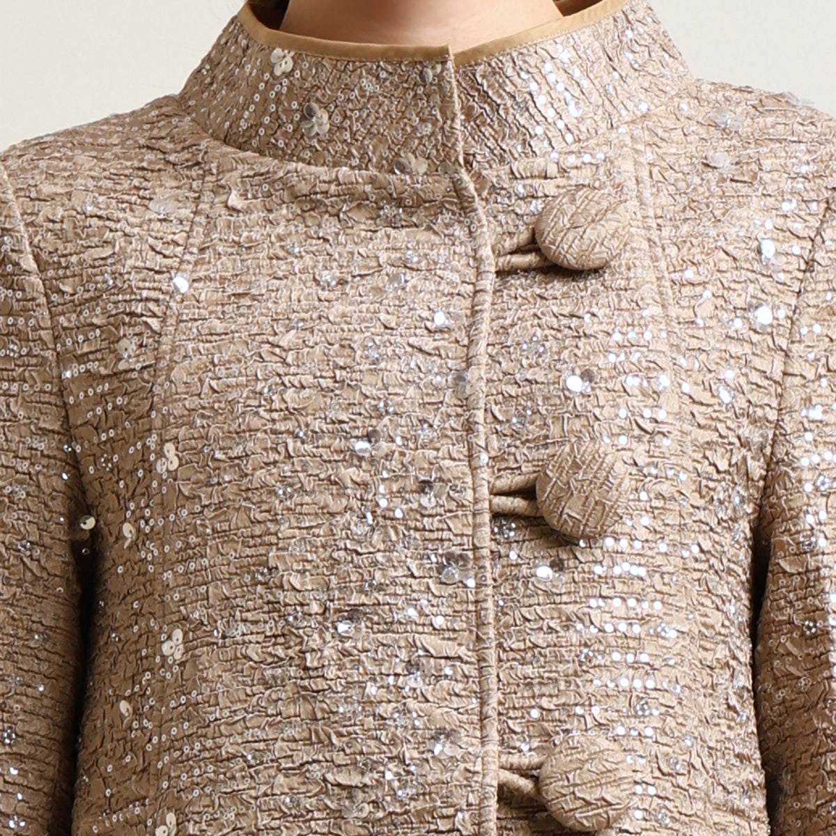 Beige Textured Sequence Over Coat