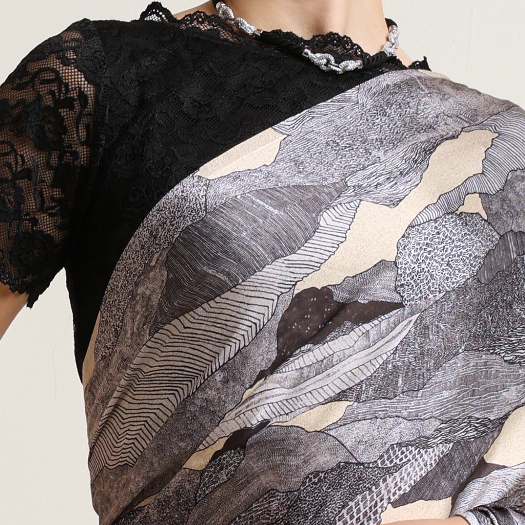 Black Abstract Satin Print Saree