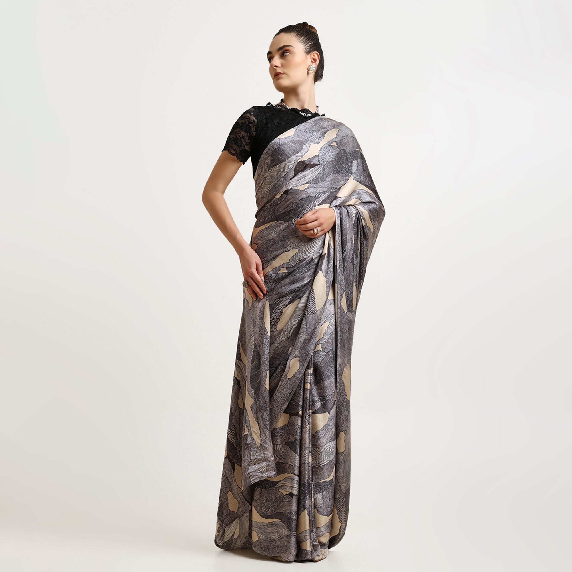 Black Abstract Satin Print Saree