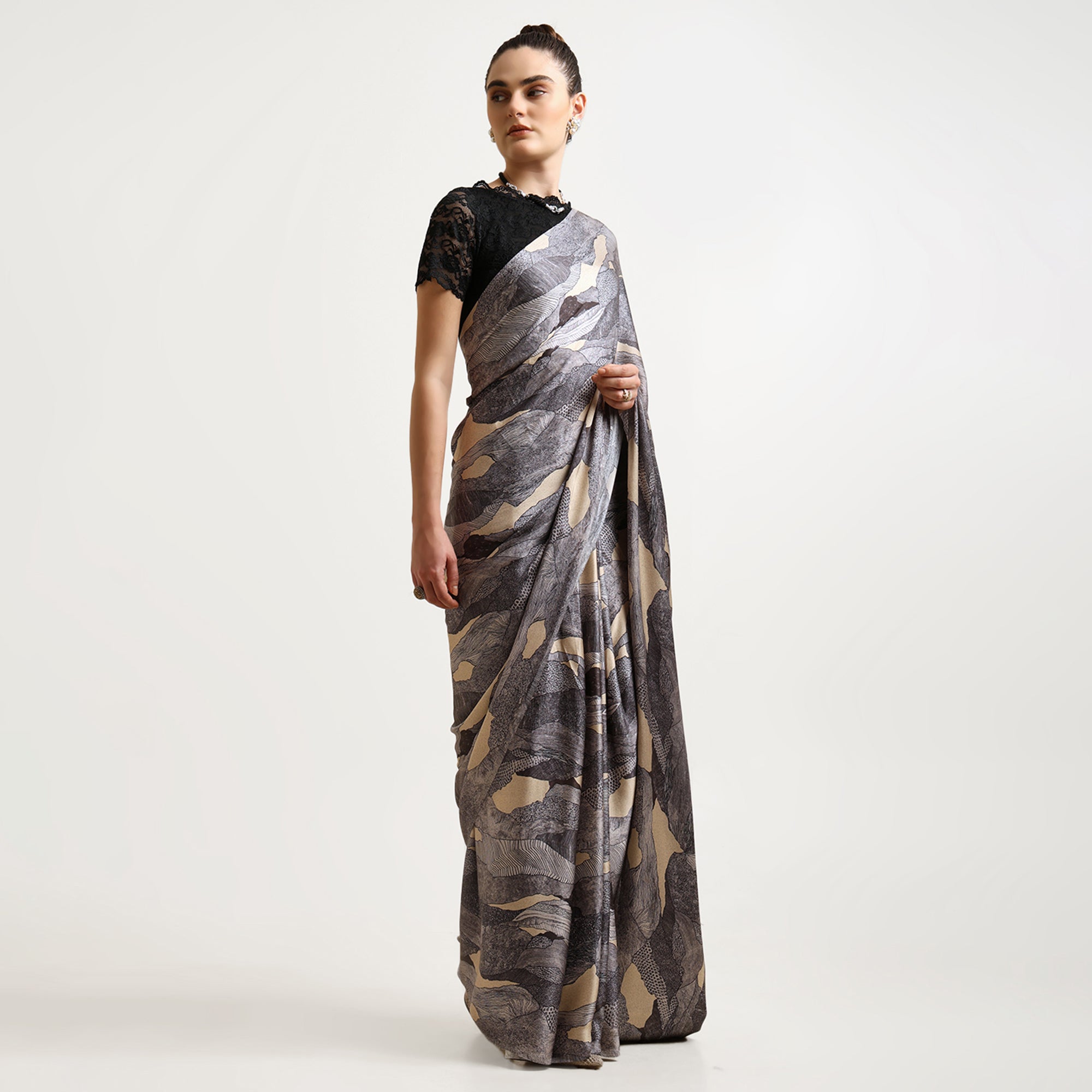 Black Abstract Satin Print Saree