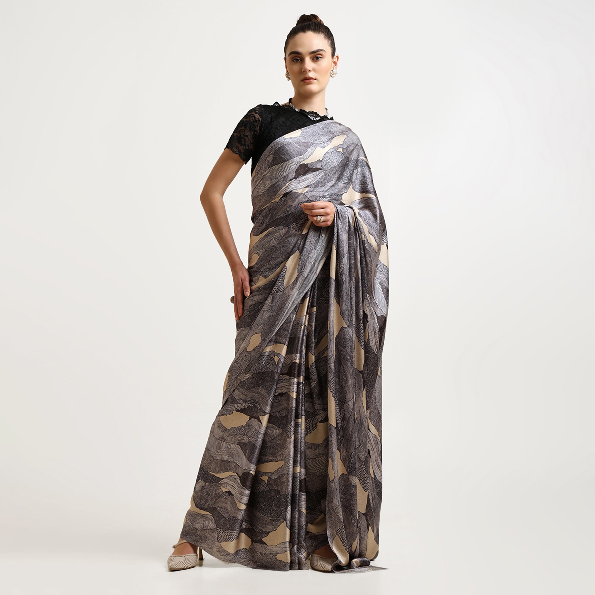 Black Abstract Satin Print Saree
