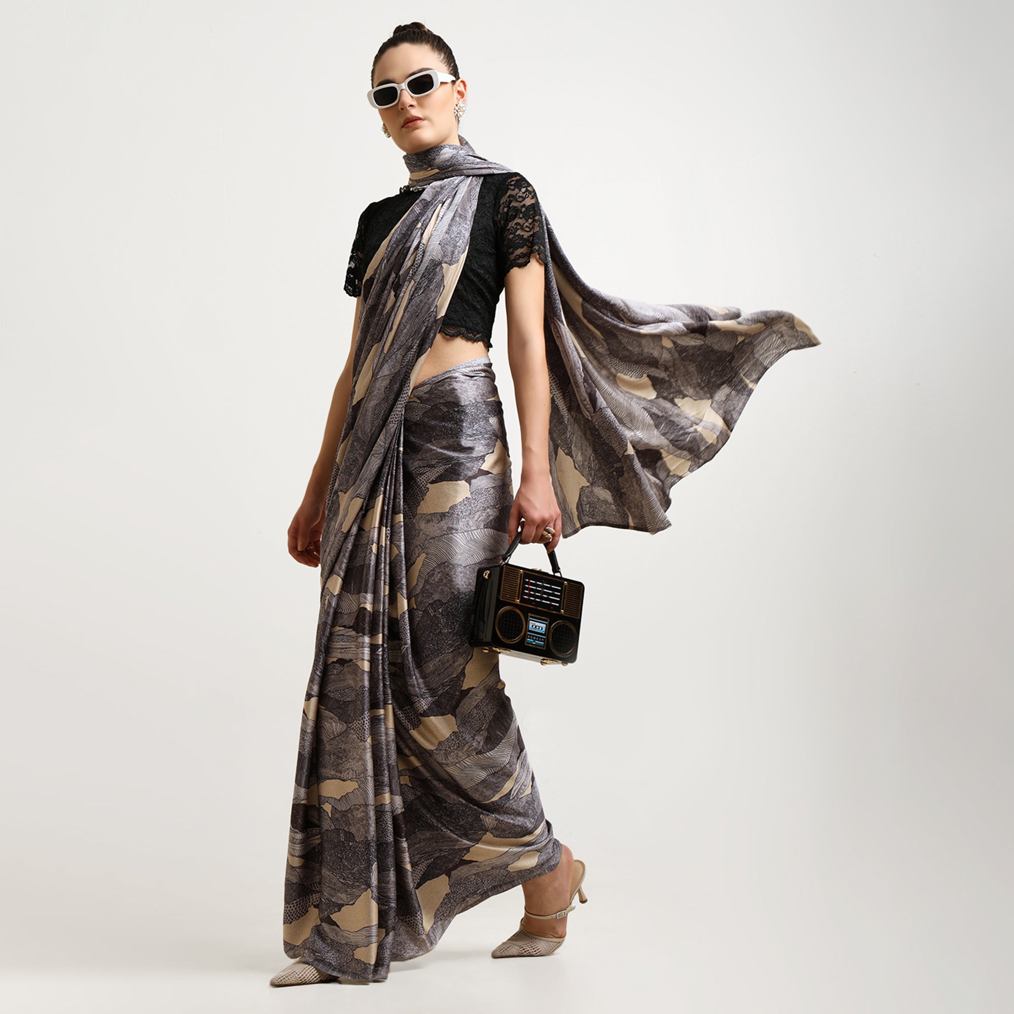 Black Abstract Satin Print Saree