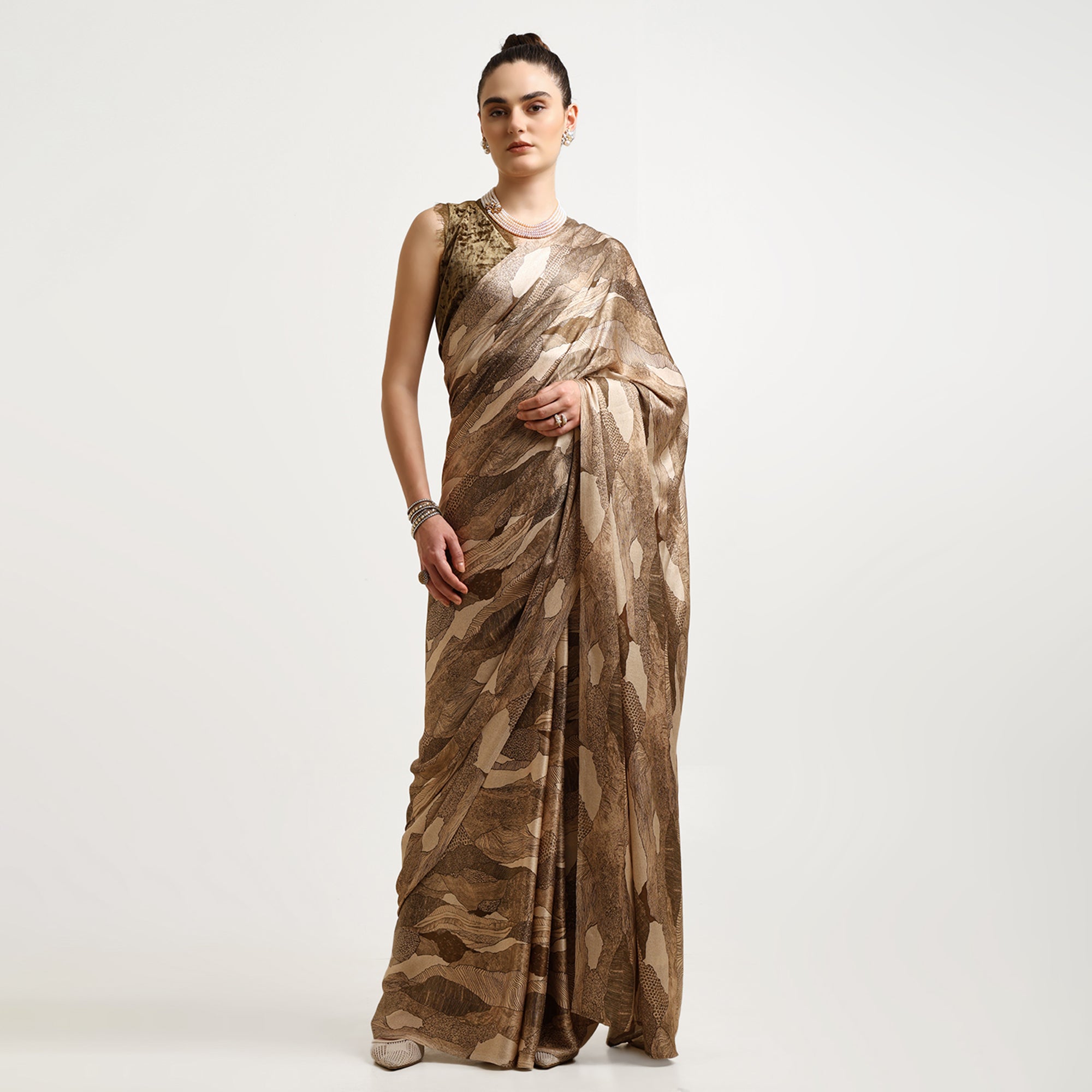 Olive Abstract Satin Print Saree
