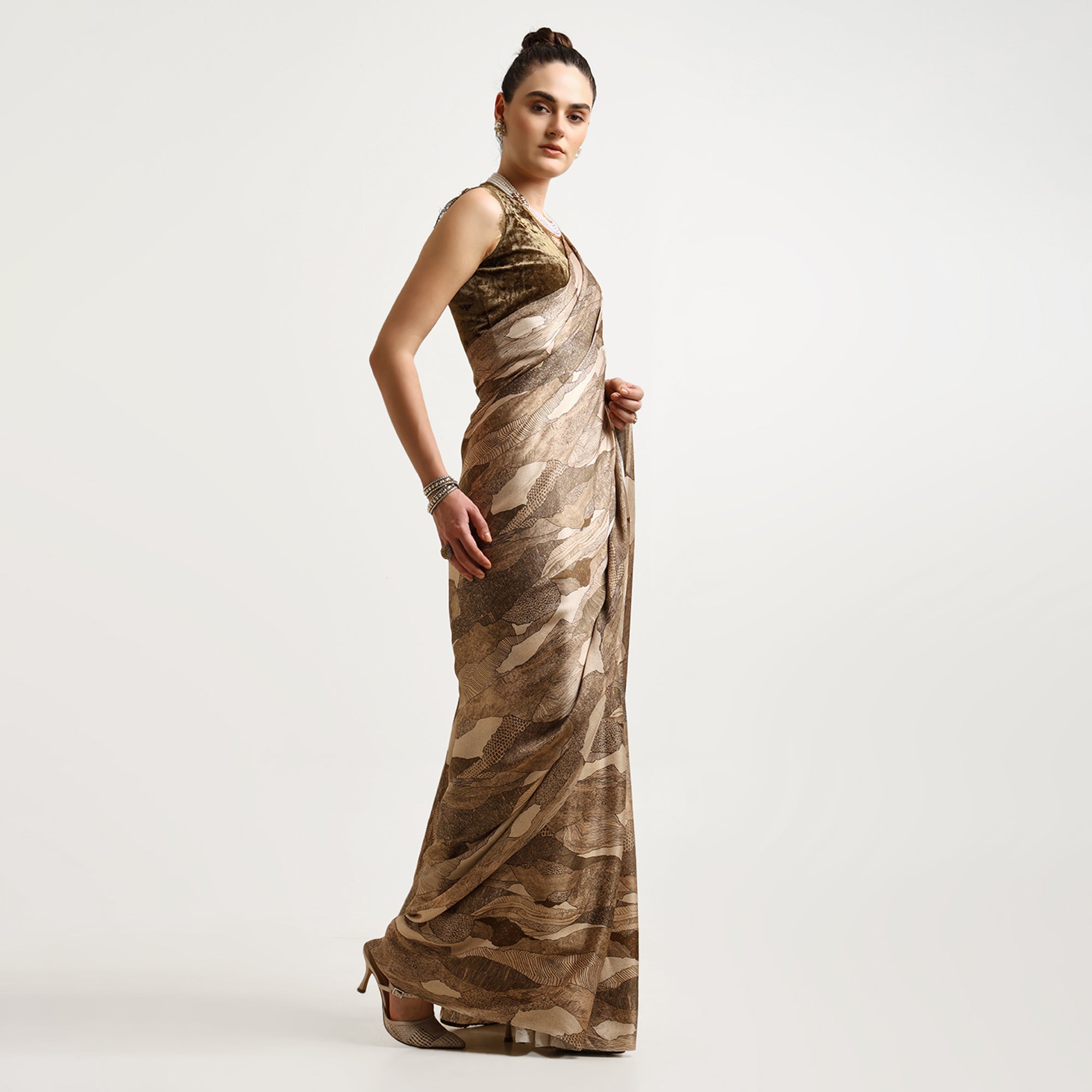 Olive Abstract Satin Print Saree