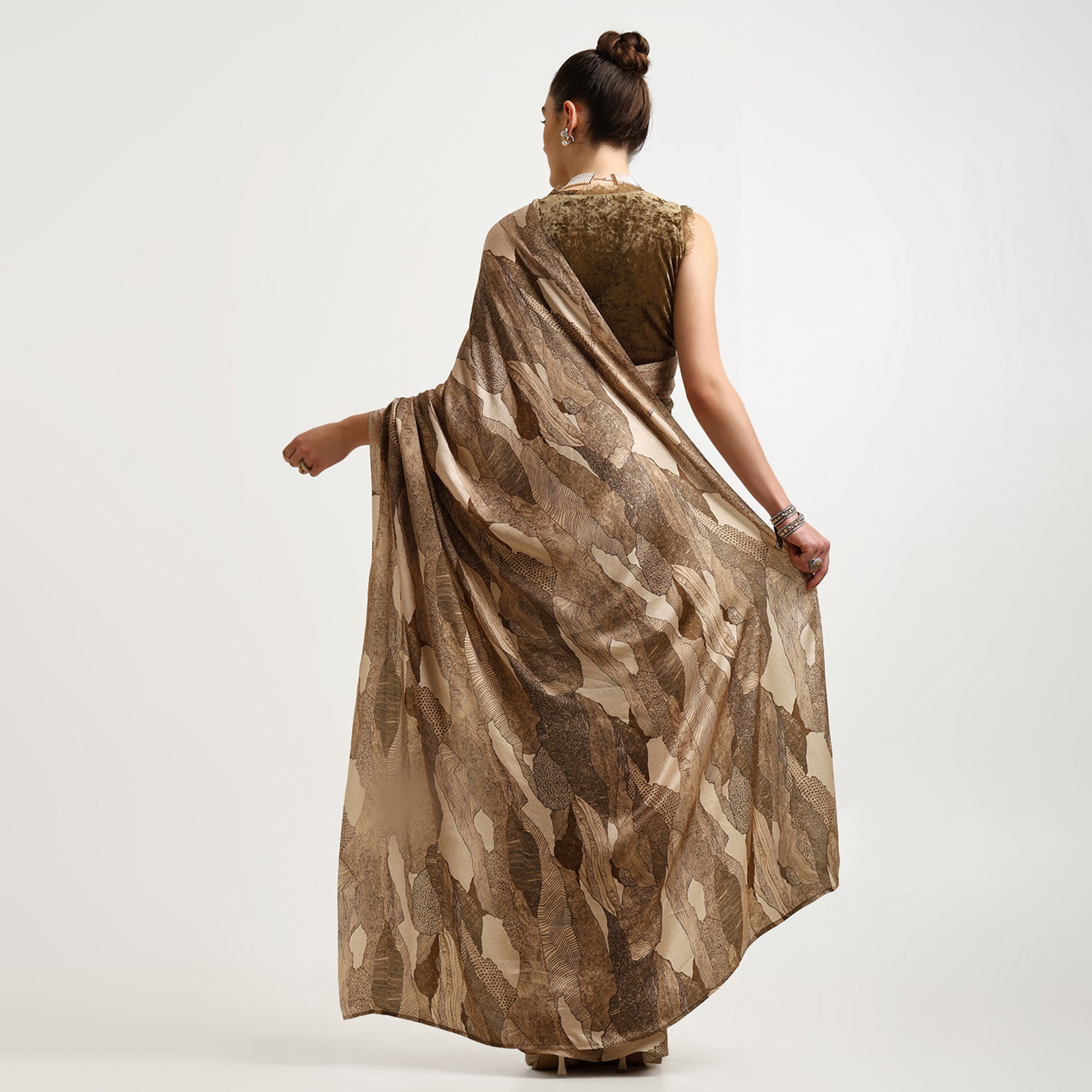 Olive Abstract Satin Print Saree
