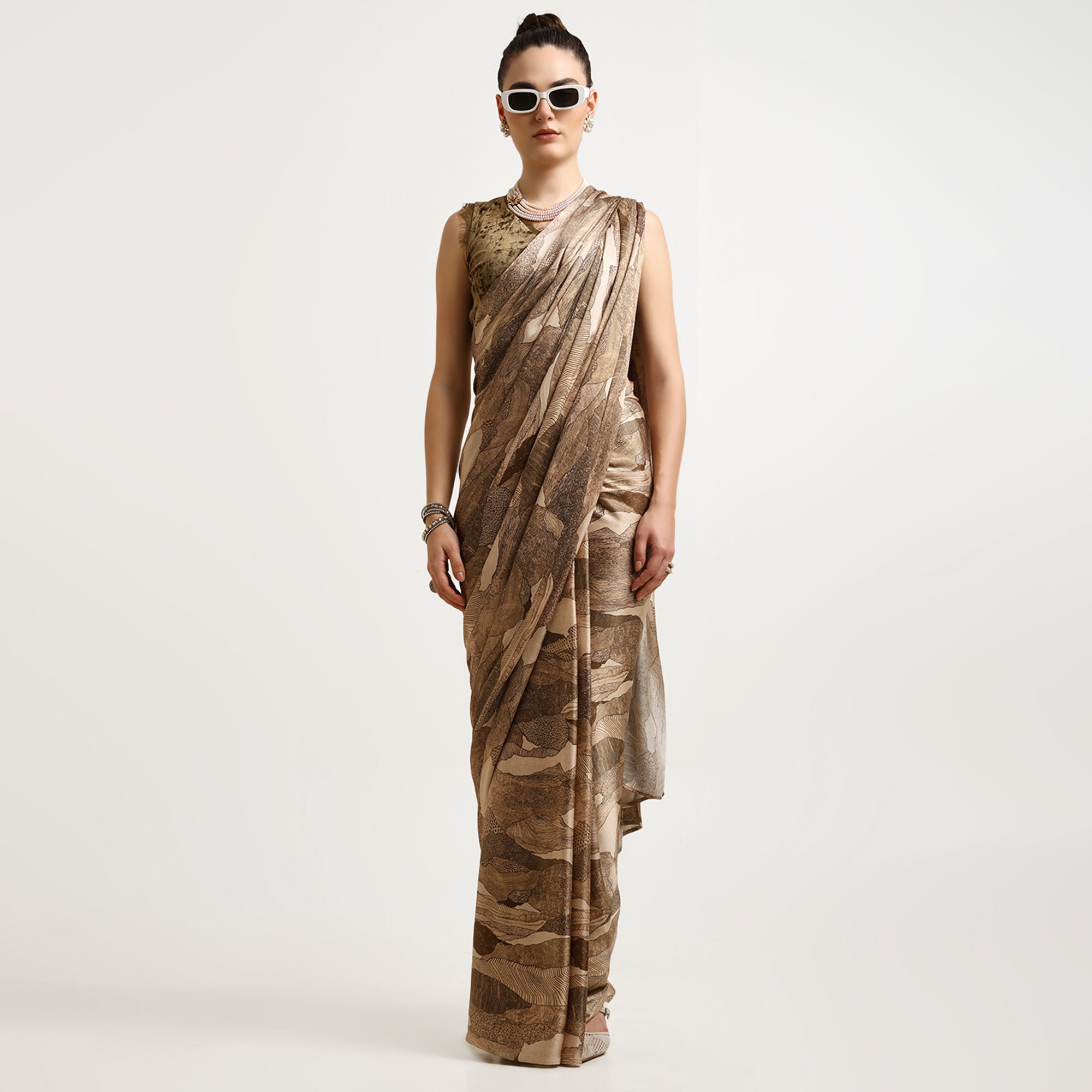 Olive Abstract Satin Print Saree
