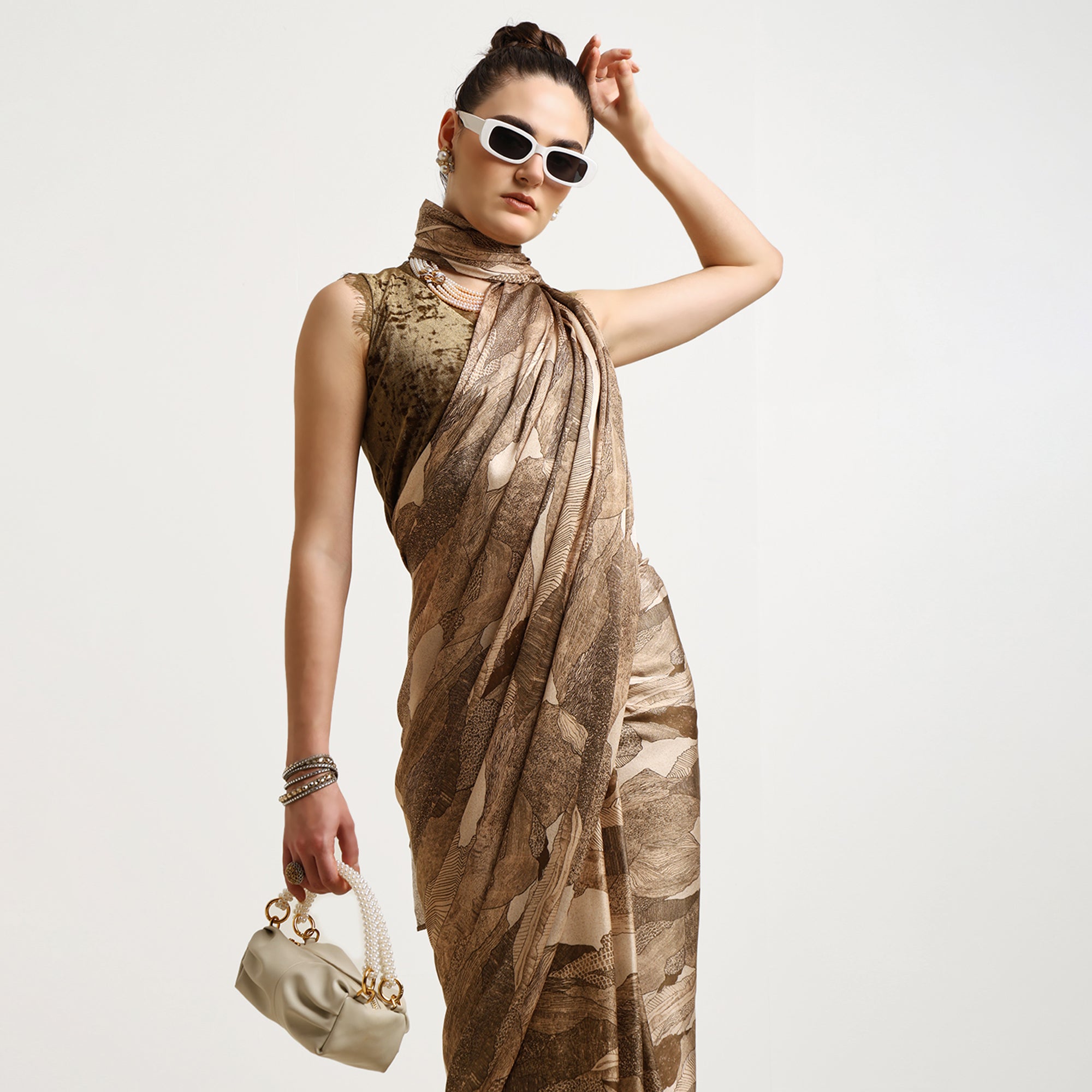 Olive Abstract Satin Print Saree