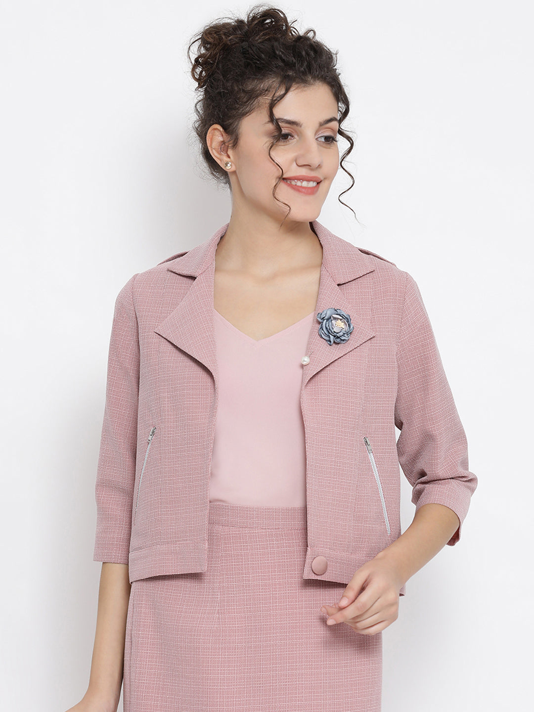 Pink Linen Jacket With Zipper Pocket With Grey Single Flower Broach