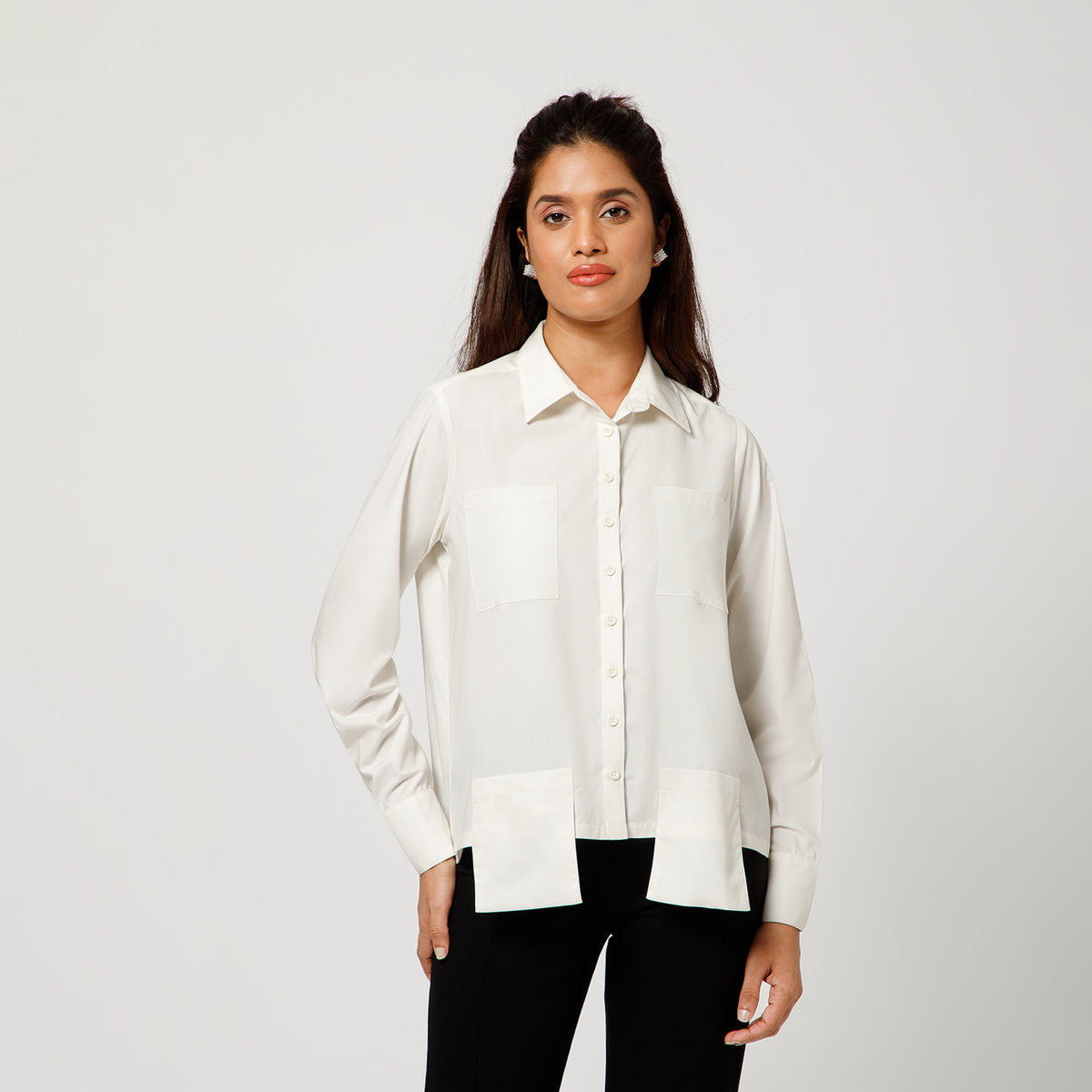 Off White Cotton Boxy Shirt With Visible Pocket