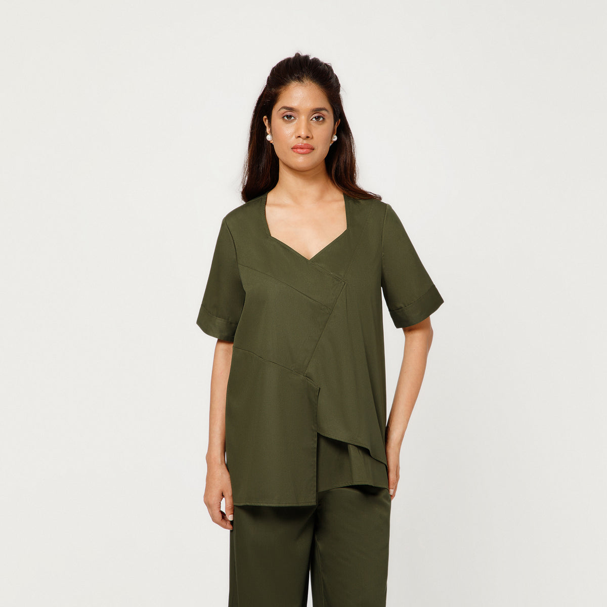 Olive Cotton Blend Draped A-Line Top